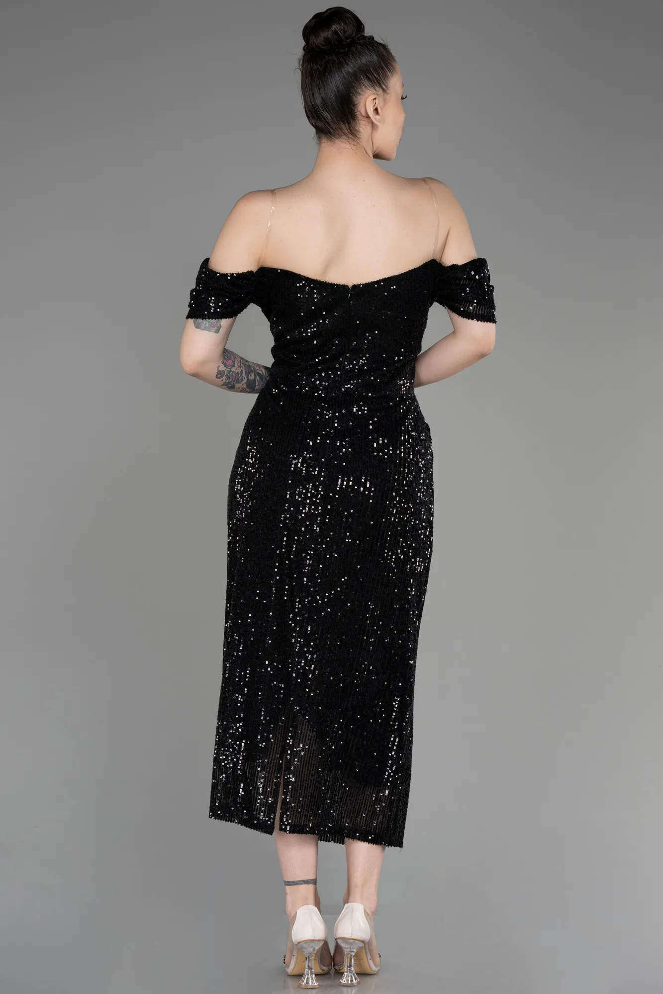 Black-Off Shoulder Midi Sequined Plus Size Evening Dress ABK2056