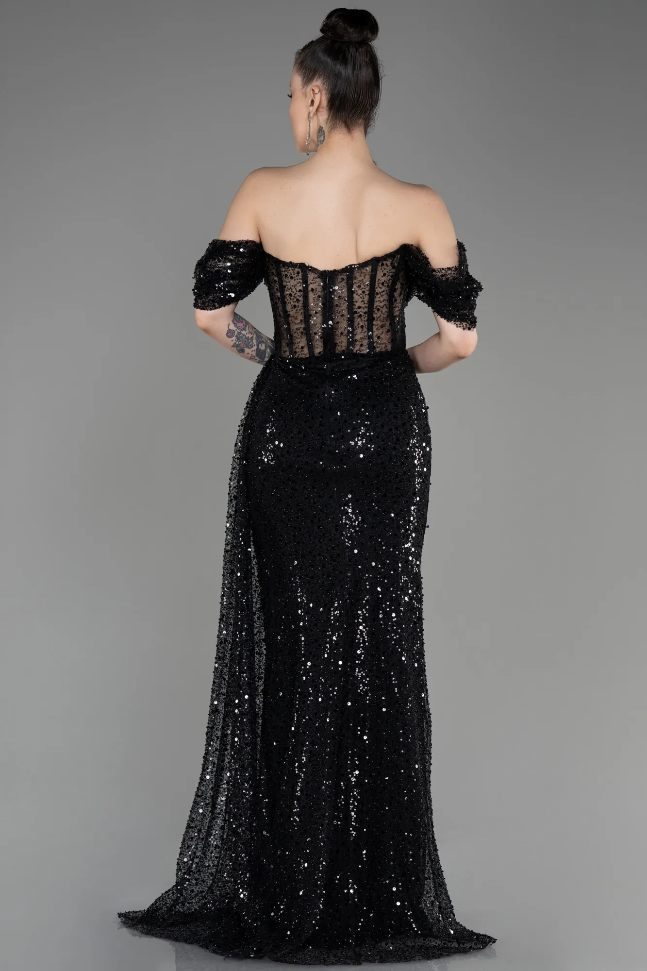 Black-Off-Shoulder Slit Long Scaly Evening Dress ABU3847