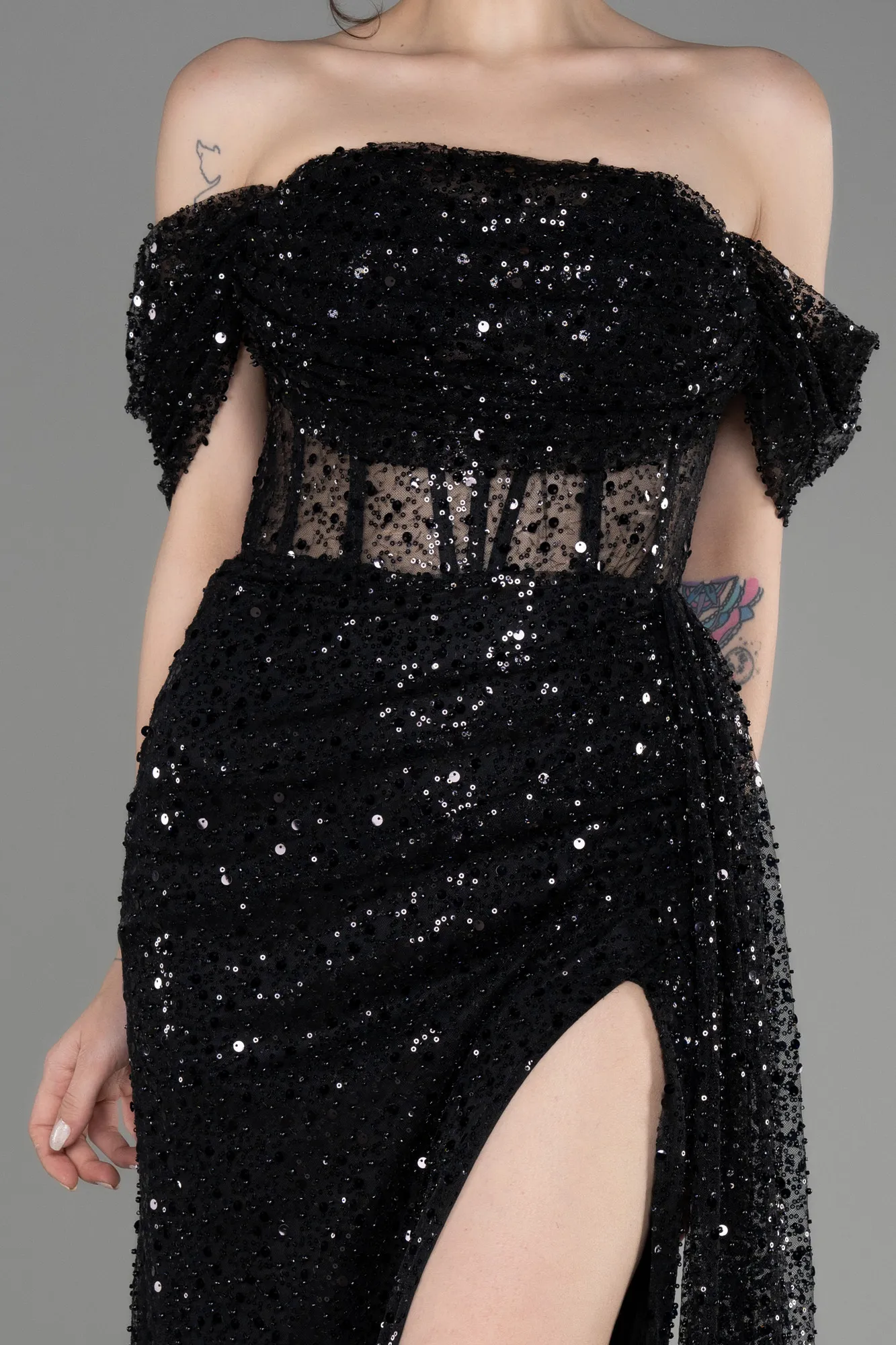 Black-Off-Shoulder Slit Long Scaly Evening Dress ABU3847