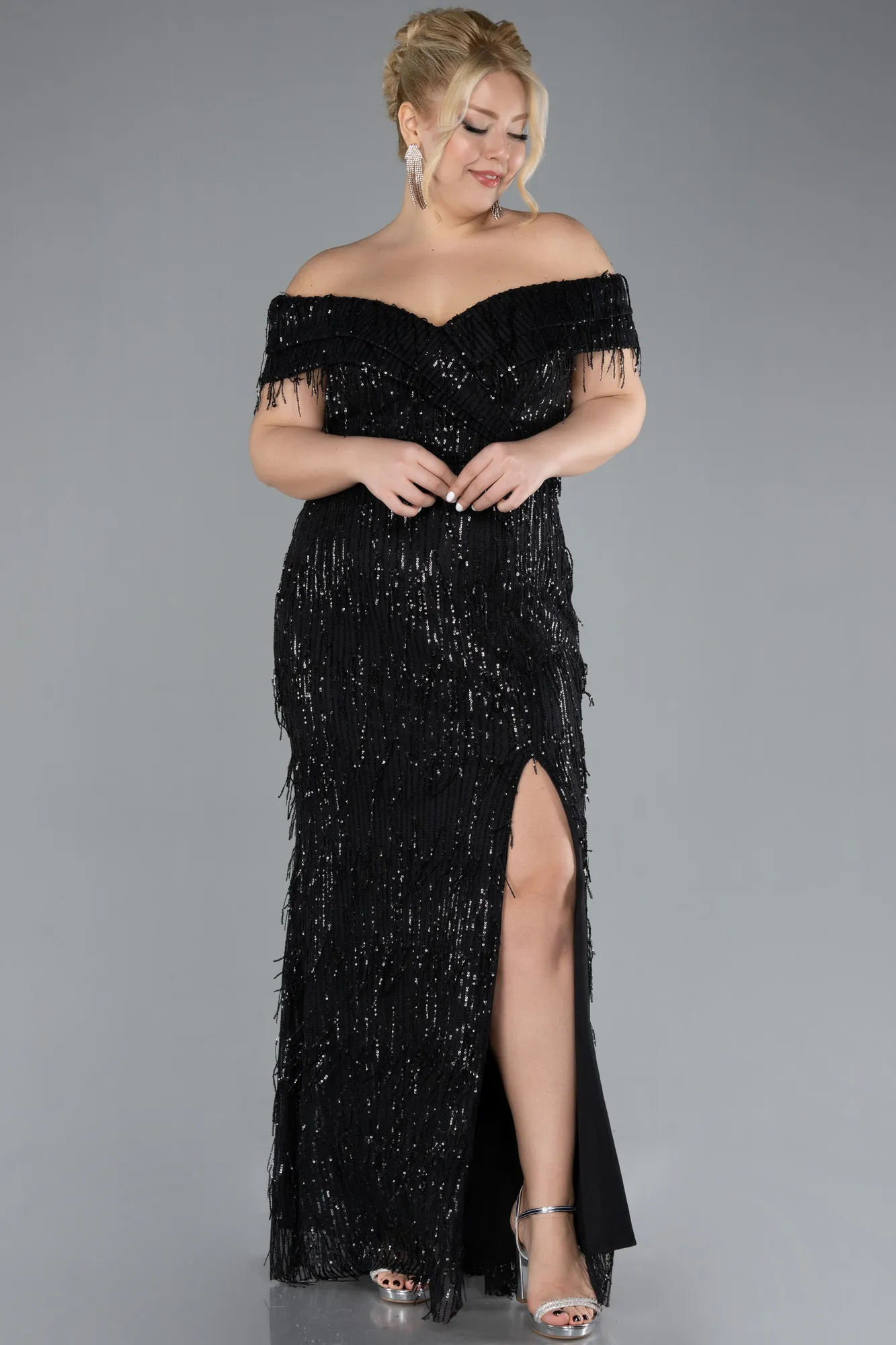 Black-Off Shoulder Slit Long Scaly Plus Size Evening Dress ABU4386