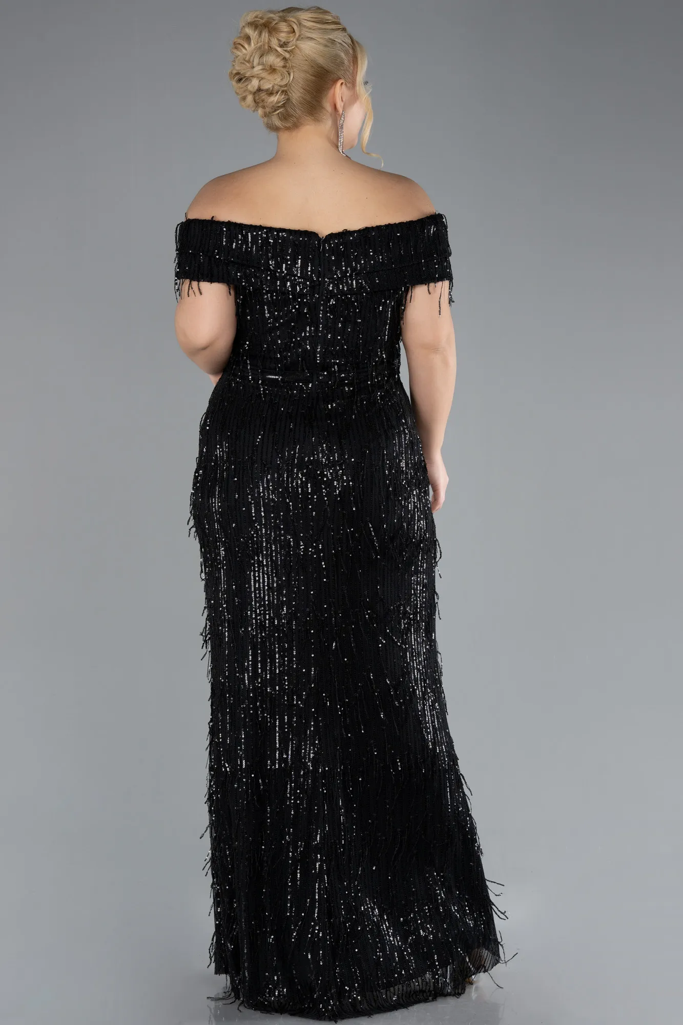 Black-Off Shoulder Slit Long Scaly Plus Size Evening Dress ABU4386