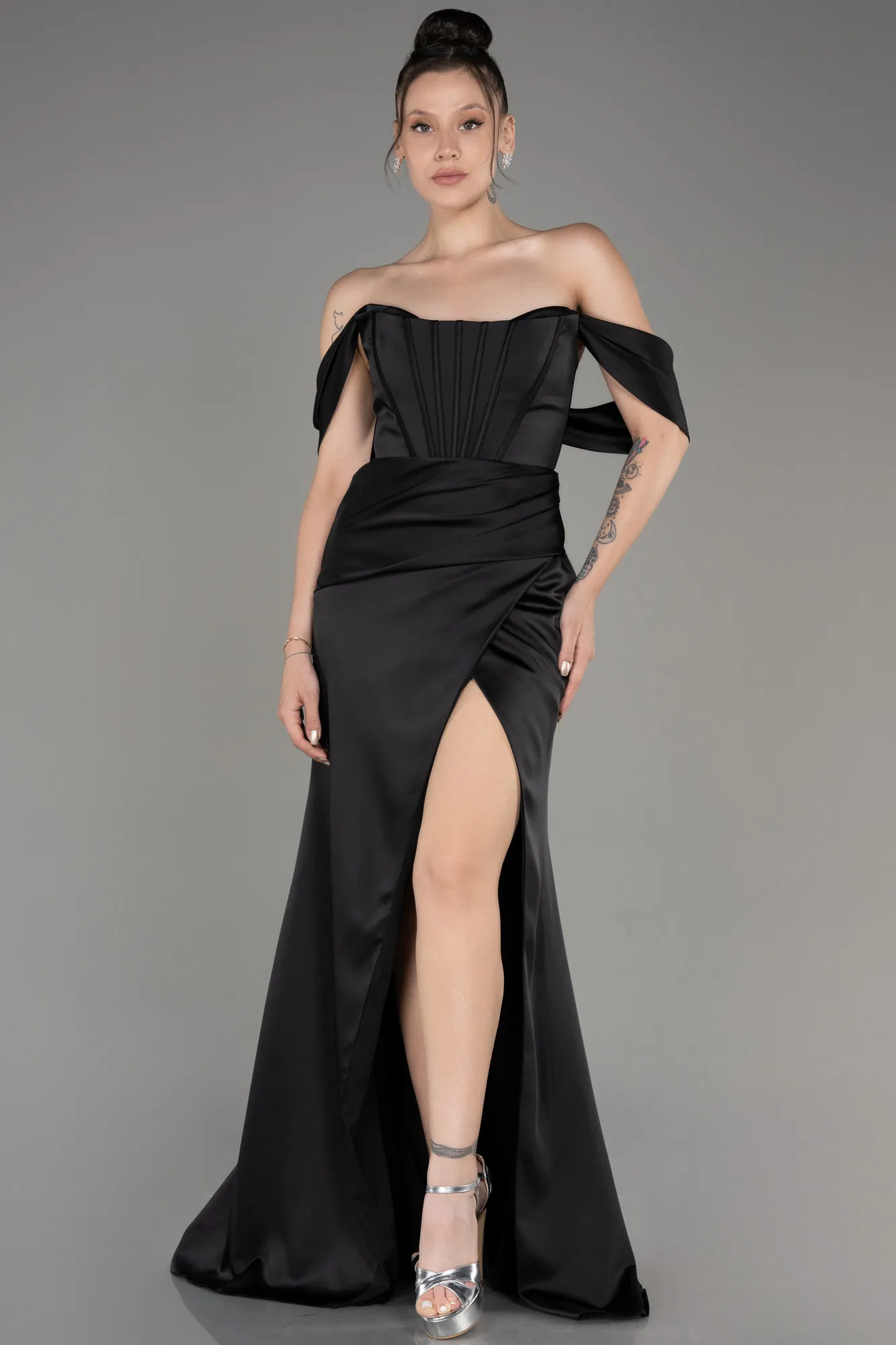 Black-Off Shoulder Slit Satin Prom Dress ABU3964