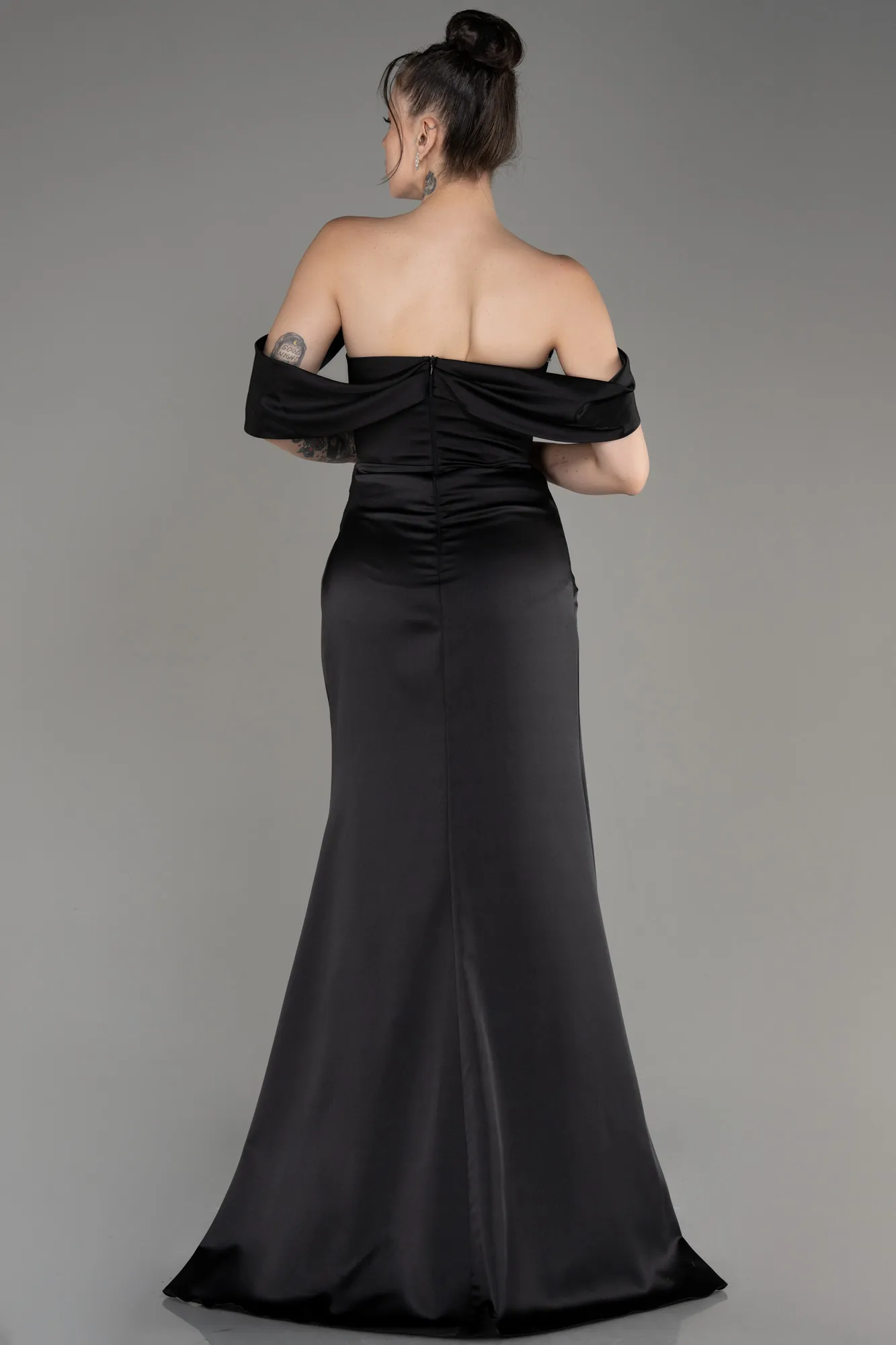 Black-Off Shoulder Slit Satin Prom Dress ABU3964