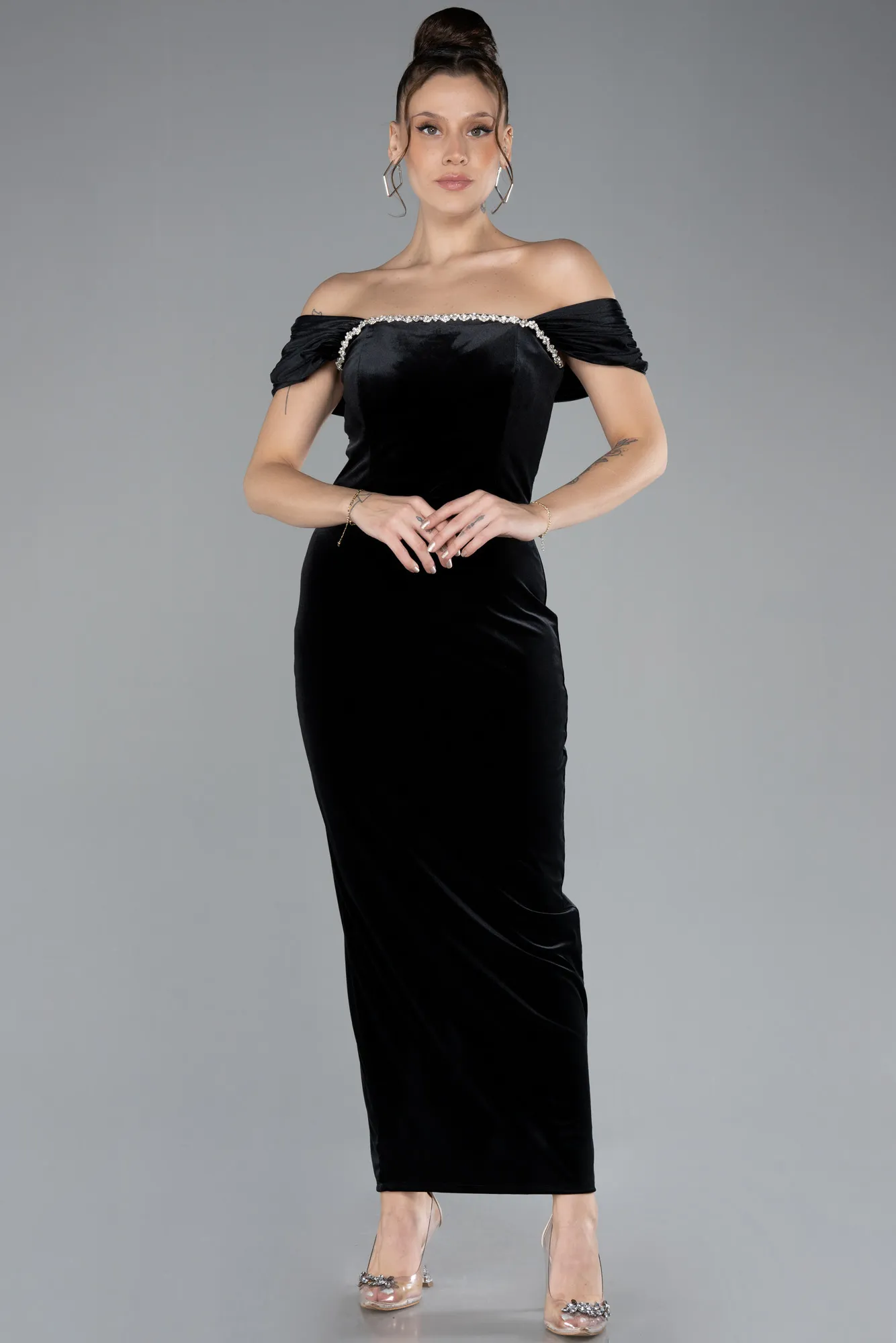 Black-Off The Shoulder Midi Velvet Invitation Dress ABK2173