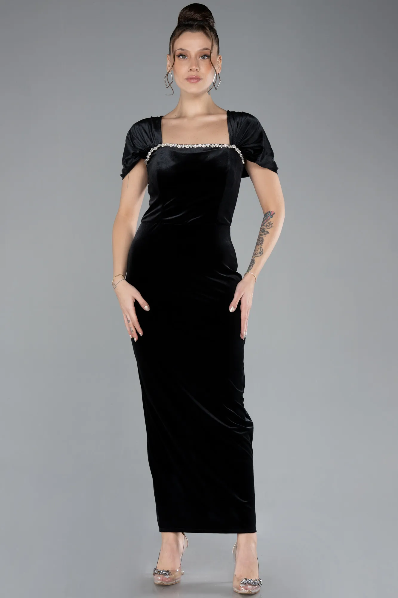 Black-Off The Shoulder Midi Velvet Invitation Dress ABK2173