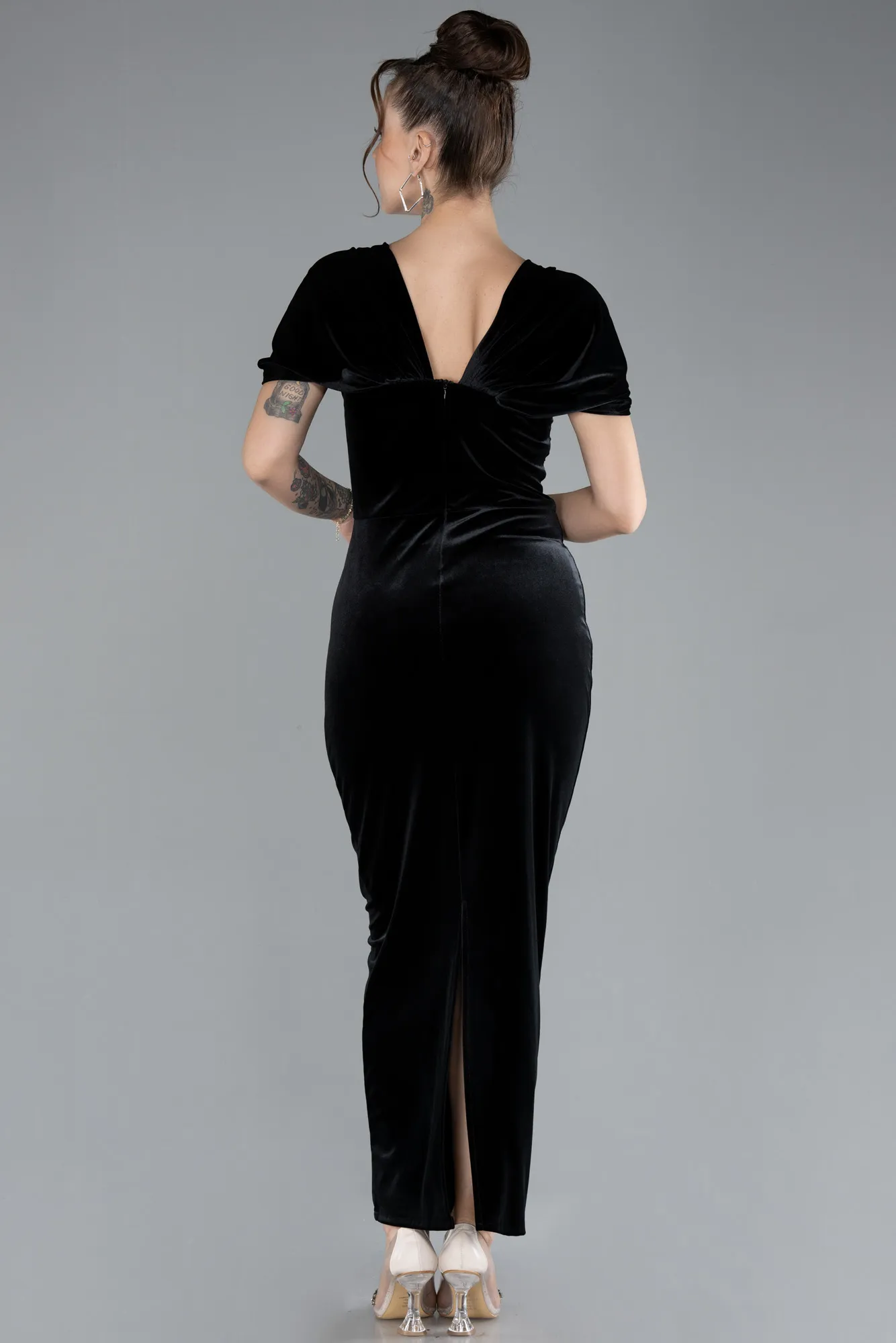 Black-Off The Shoulder Midi Velvet Invitation Dress ABK2173