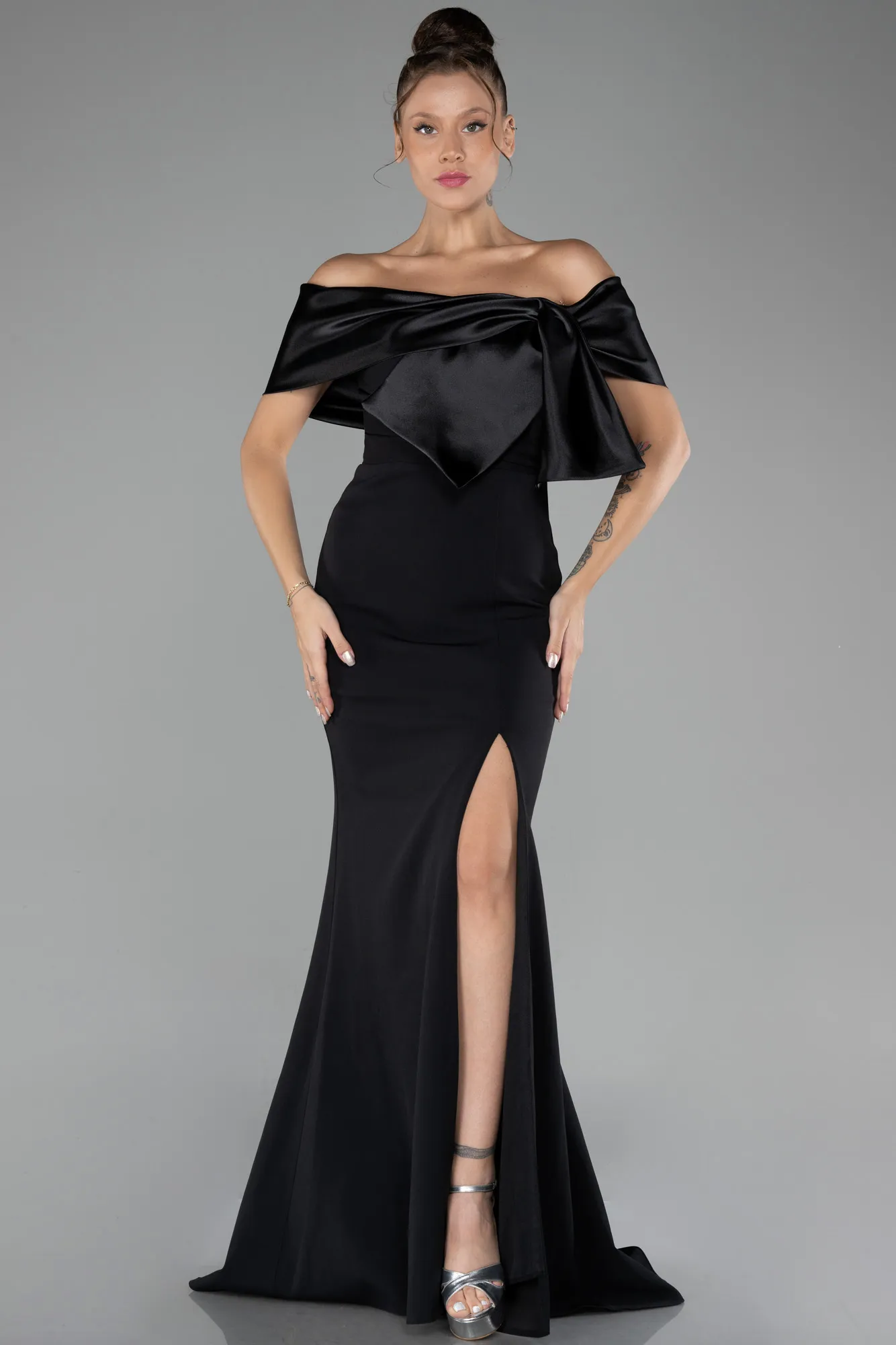 Black-Off The Shoulder Slit Long Mermaid Evening Gown ABU4296