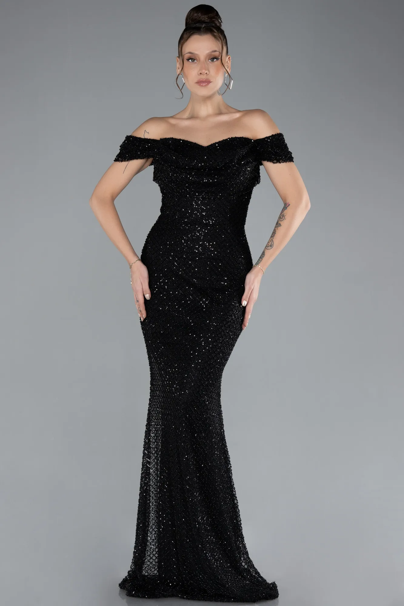 Black-Off The Shoulder Stone Long Mermaid Prom Dress ABU4402