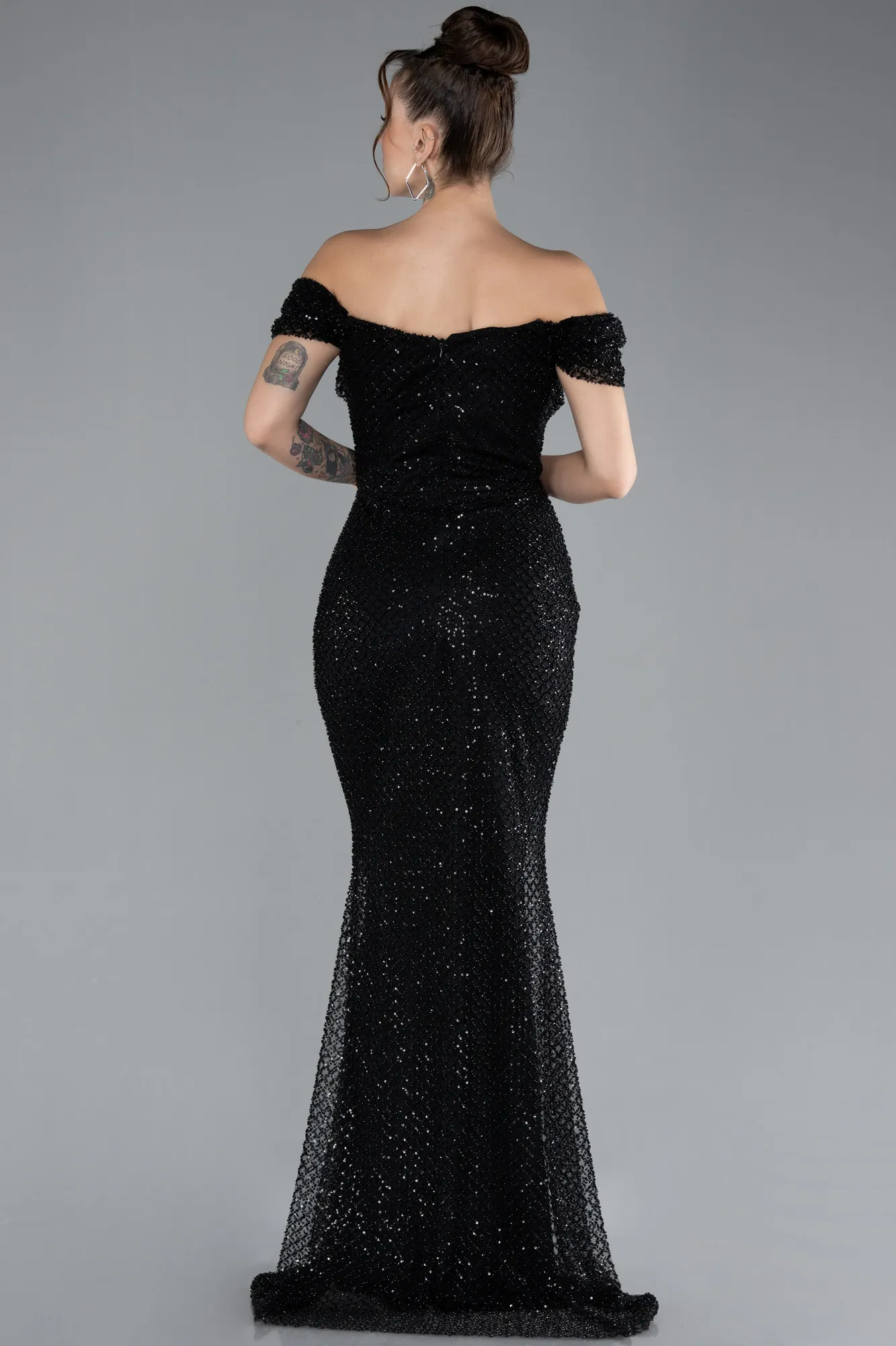 Black-Off The Shoulder Stone Long Mermaid Prom Dress ABU4402