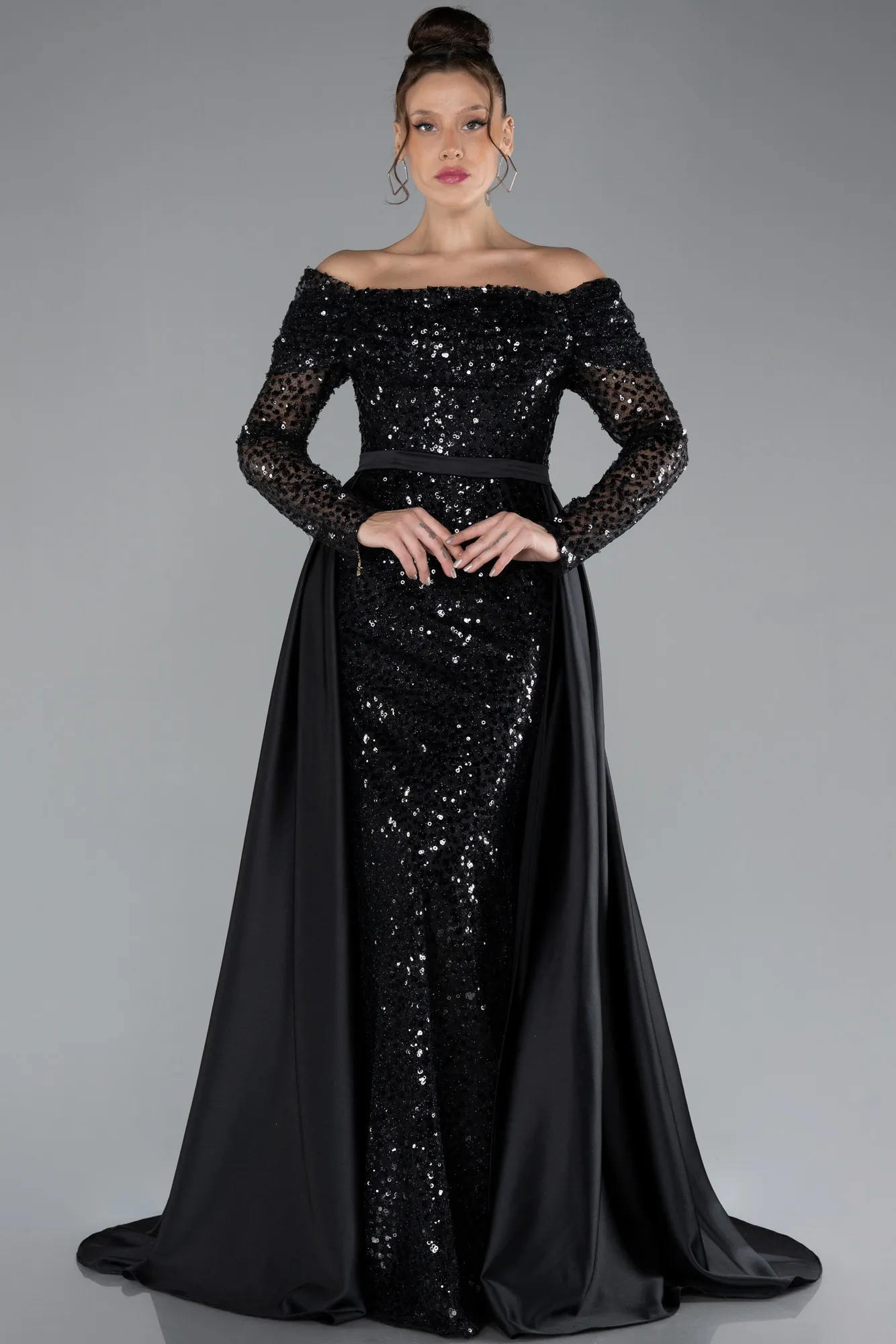 Black-Off The Shoulder Tail Scaly Evening Gown ABU4380