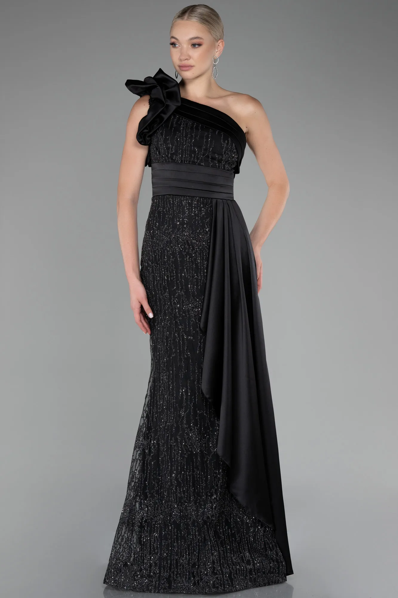 Black-One Shoulder Glitter Long Evening Gown ABU4059