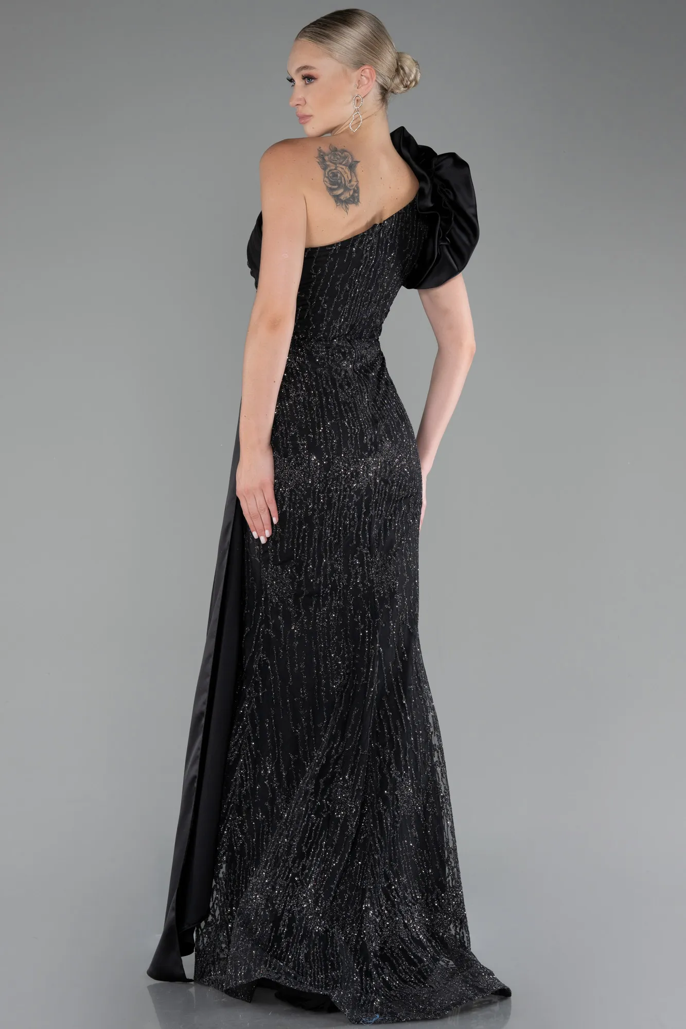 Black-One Shoulder Glitter Long Evening Gown ABU4059