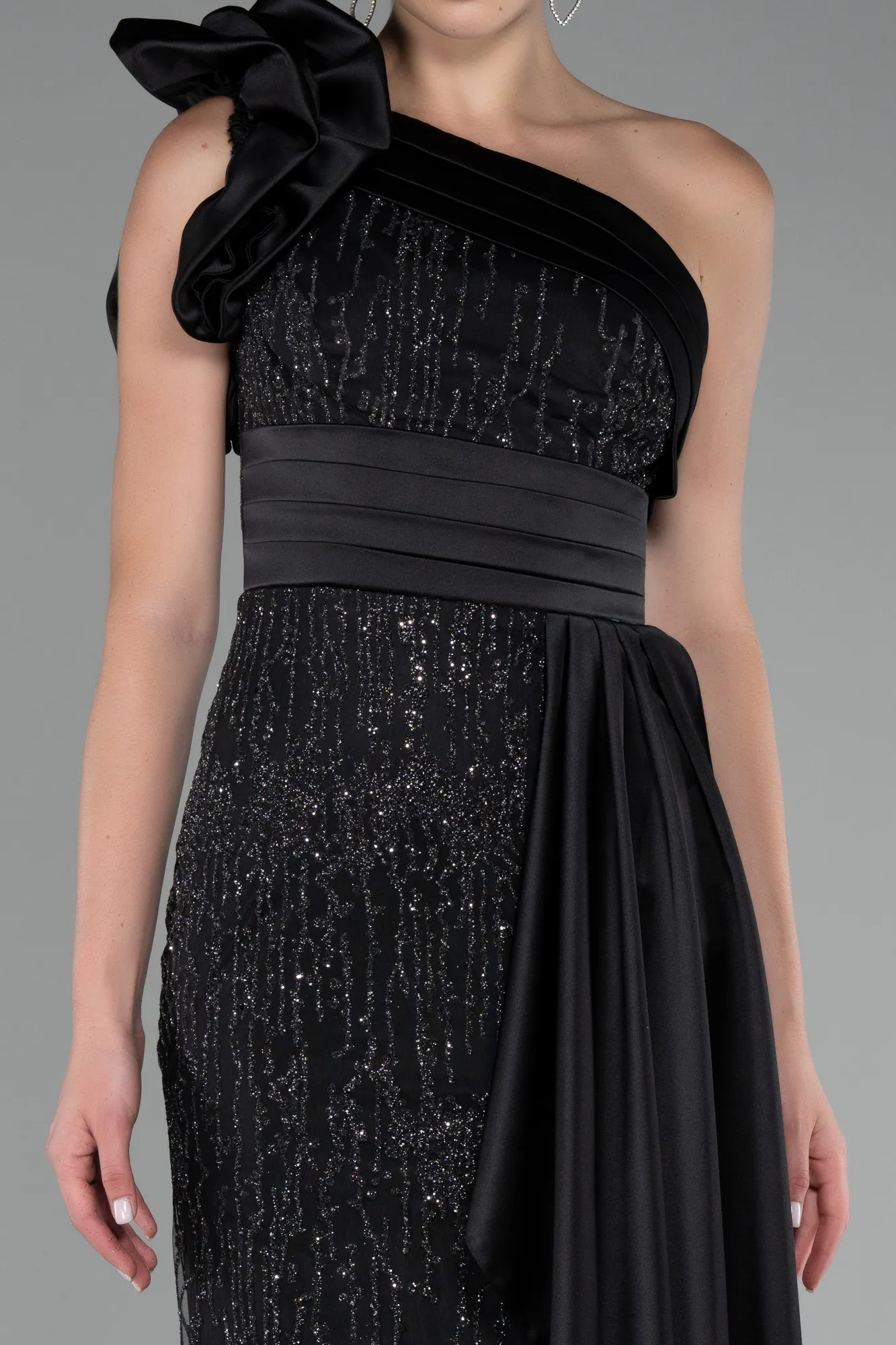 Black-One Shoulder Glitter Long Evening Gown ABU4059