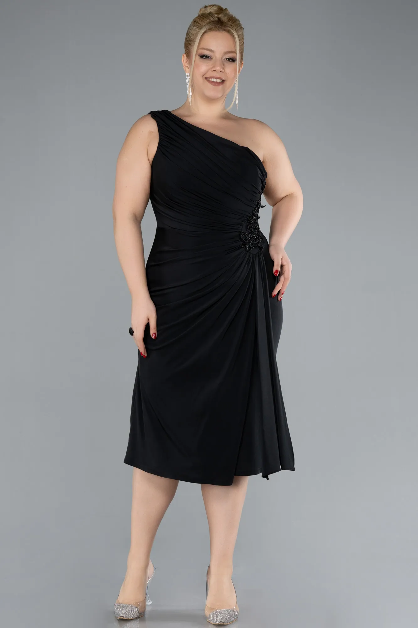 Black-One Shoulder Midi Plus Size Evening Dress ABK2196