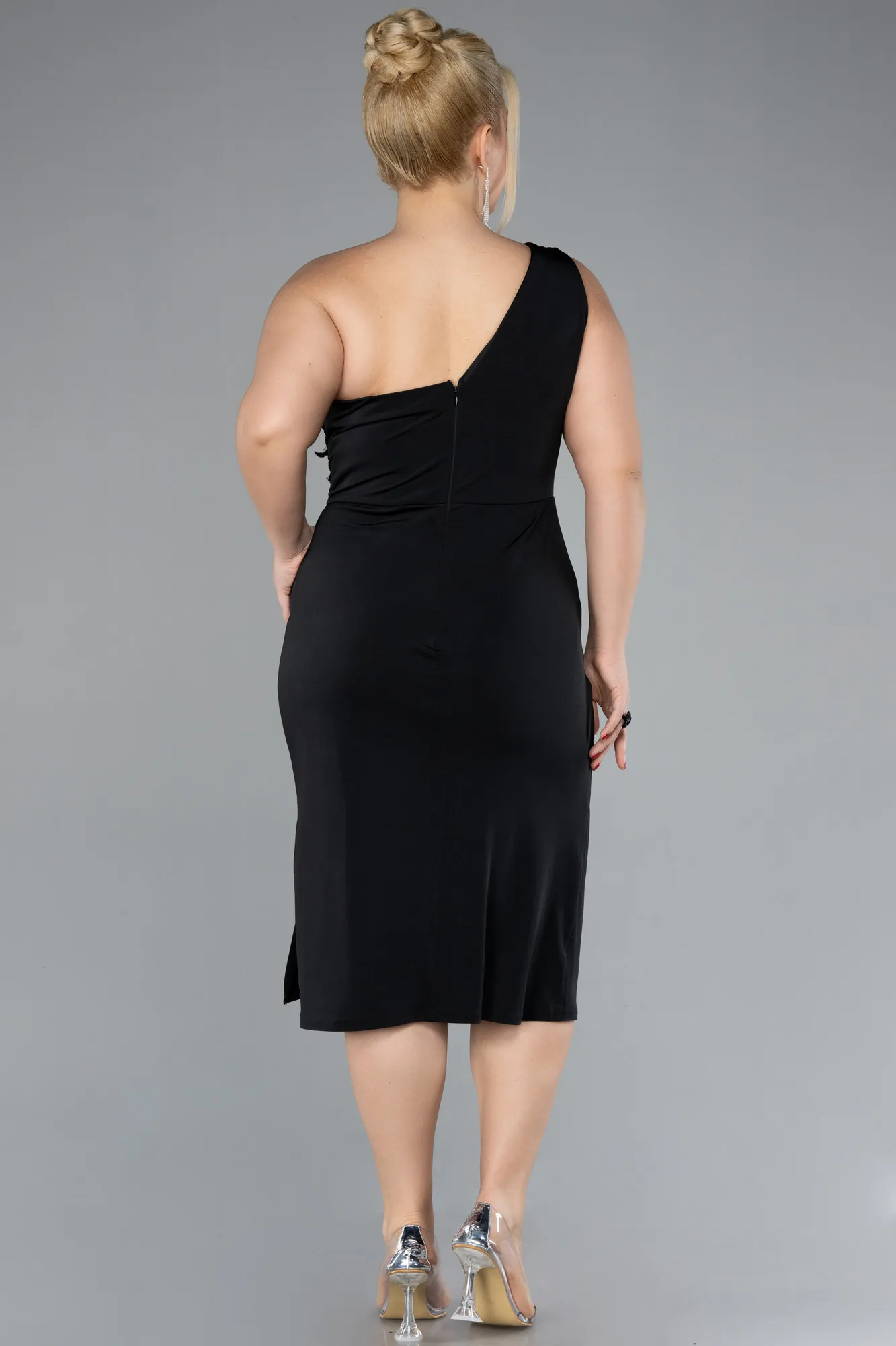 Black-One Shoulder Midi Plus Size Evening Dress ABK2196