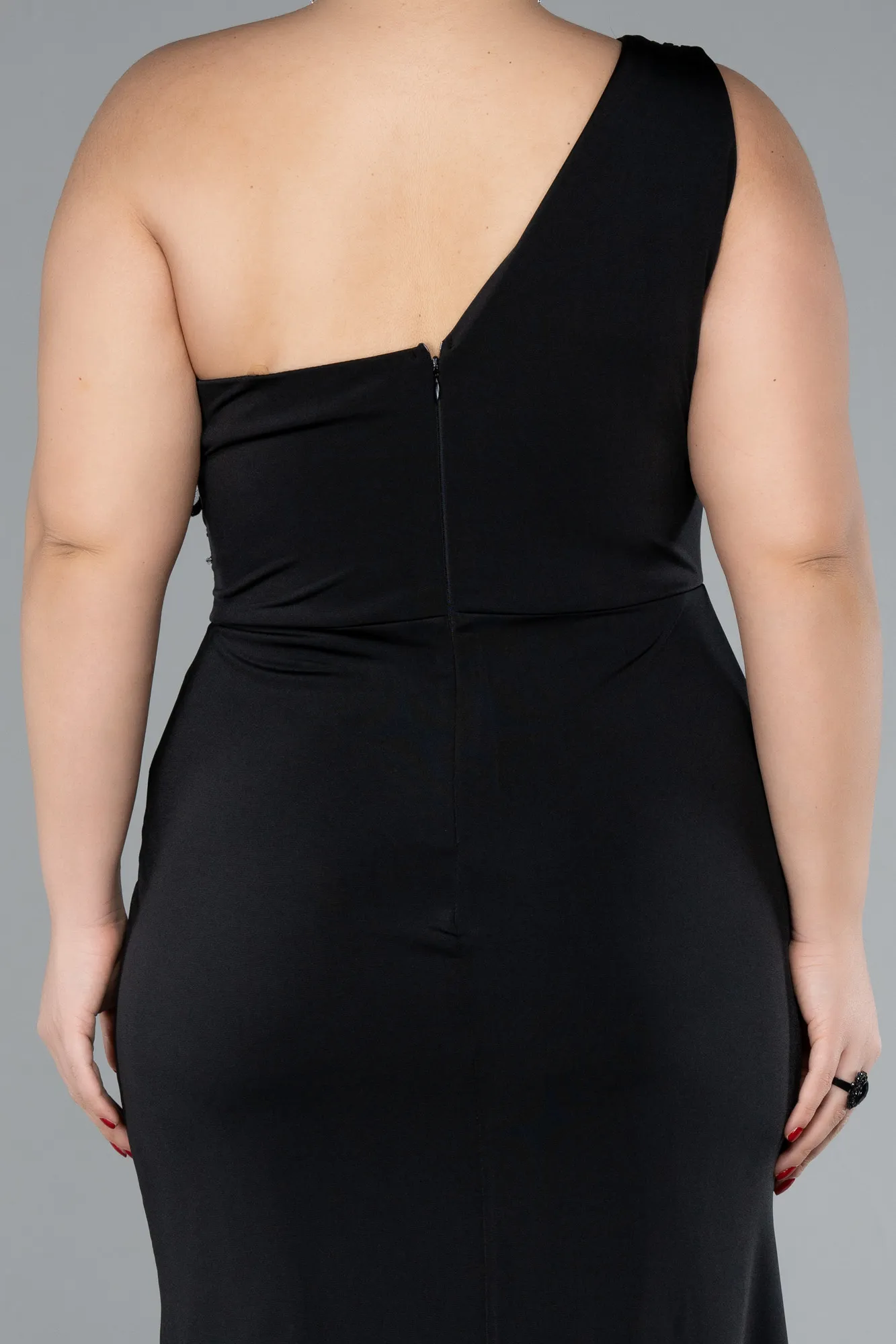 Black-One Shoulder Midi Plus Size Evening Dress ABK2196