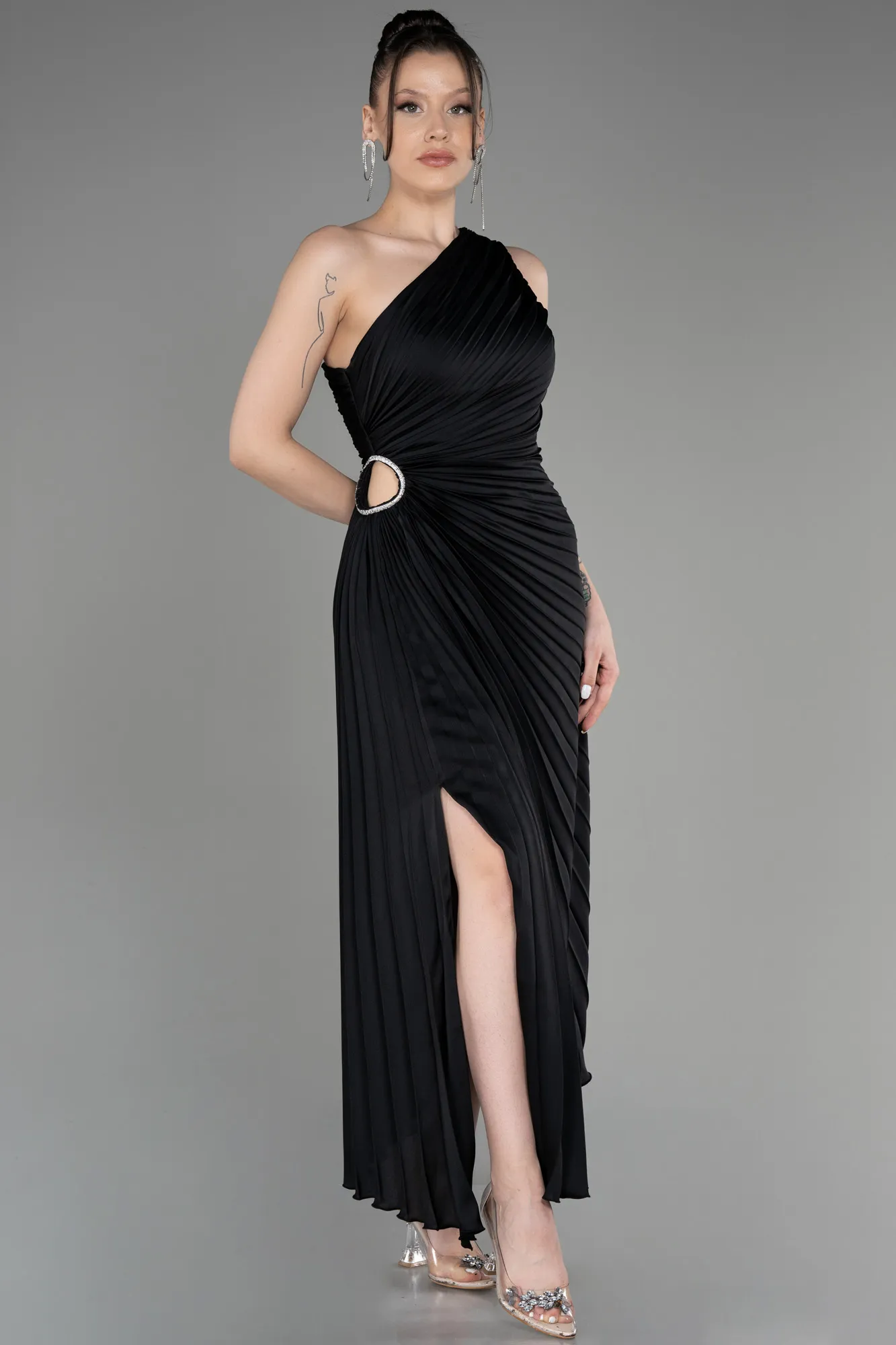 Black-One Shoulder Midi Satin Cocktail Dress ABK2046