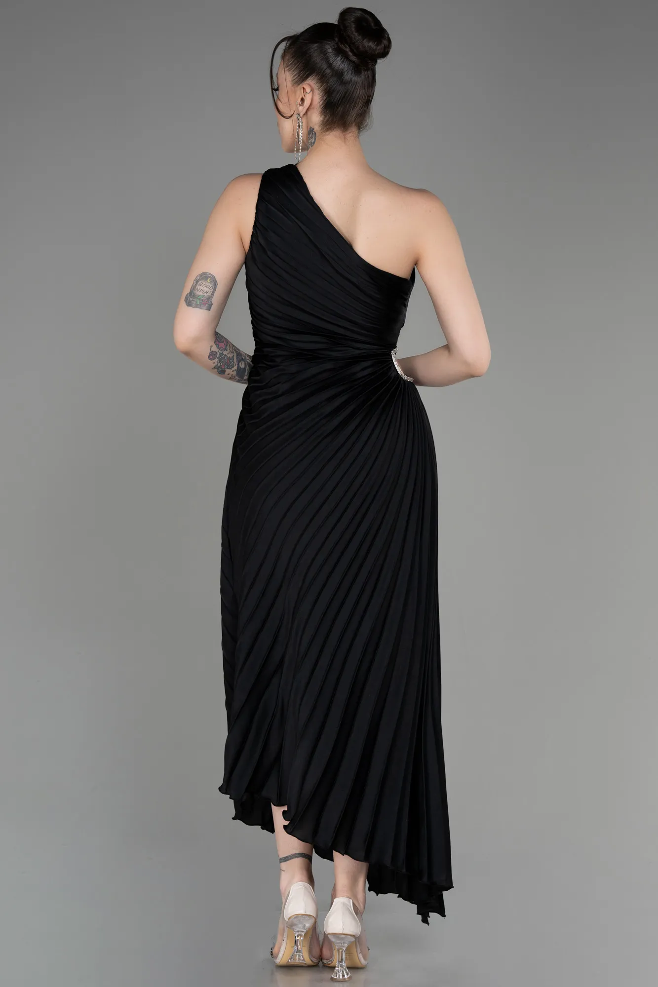 Black-One Shoulder Midi Satin Cocktail Dress ABK2046