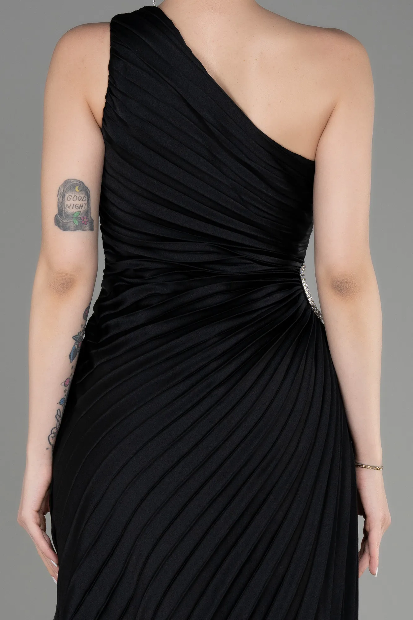 Black-One Shoulder Midi Satin Cocktail Dress ABK2046