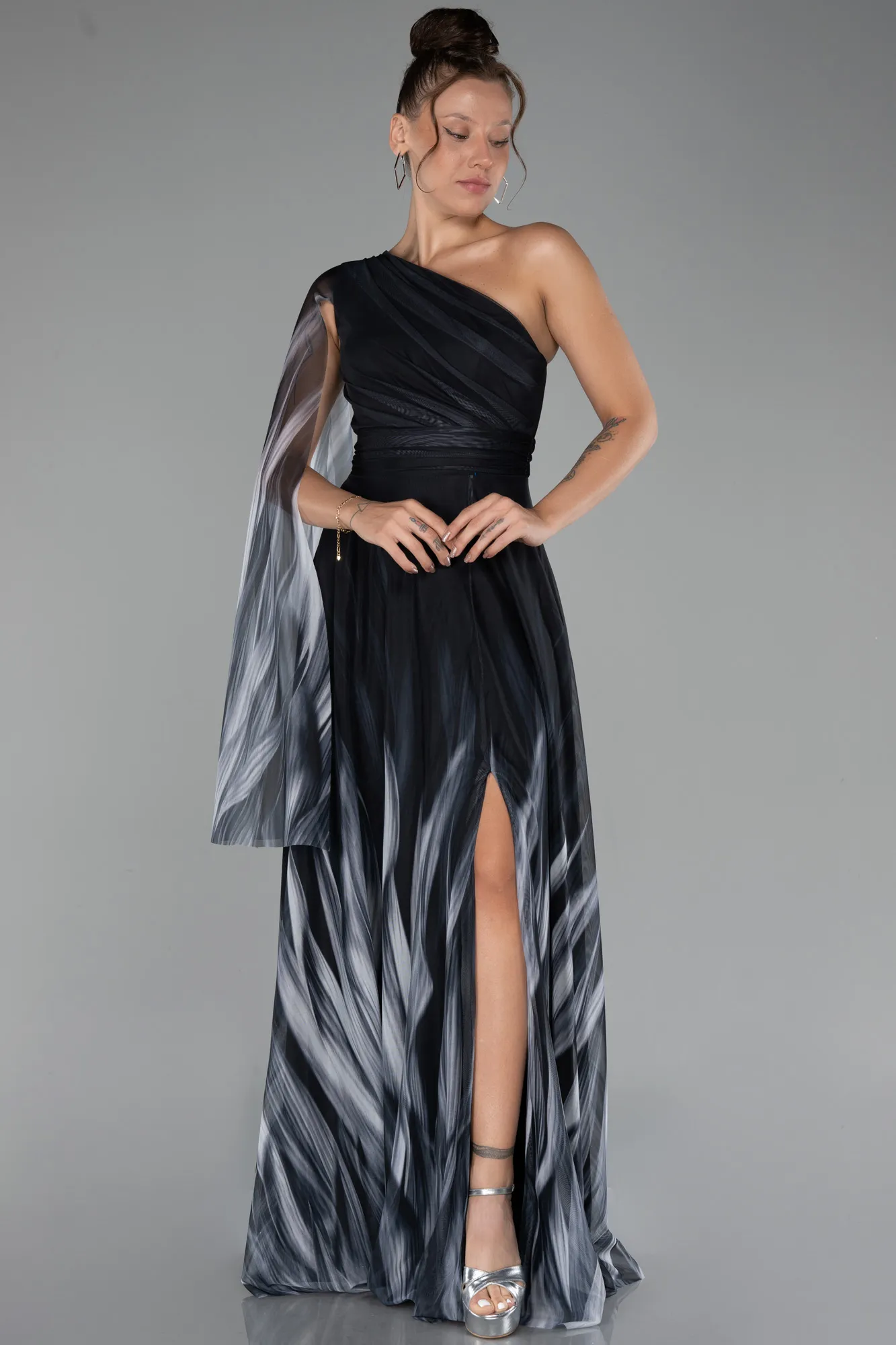 Black-One Shoulder Patterned Long Prom Dress ABU4279