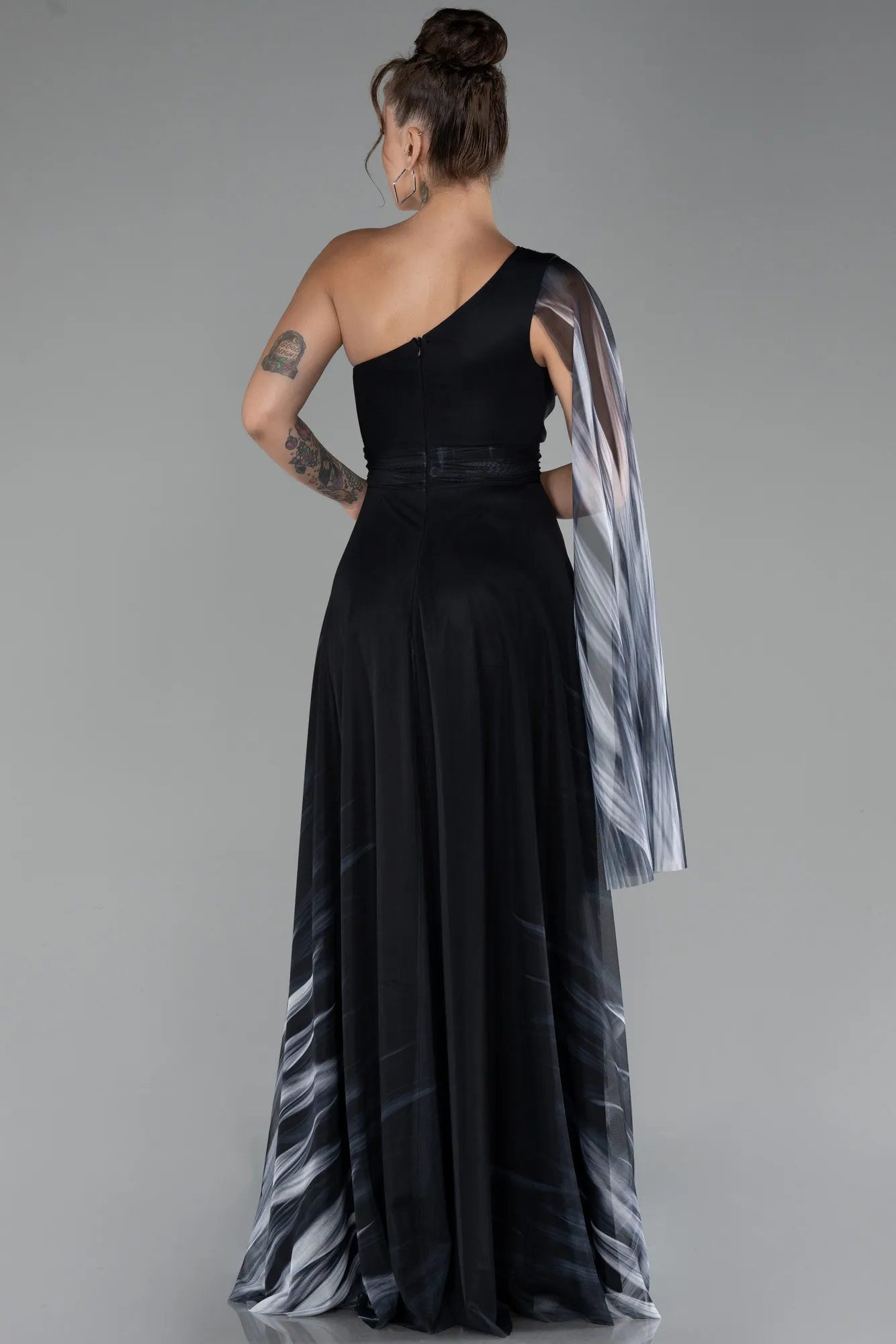 Black-One Shoulder Patterned Long Prom Dress ABU4279