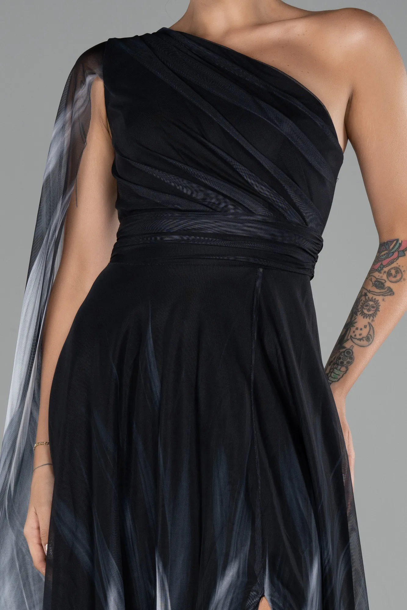 Black-One Shoulder Patterned Long Prom Dress ABU4279