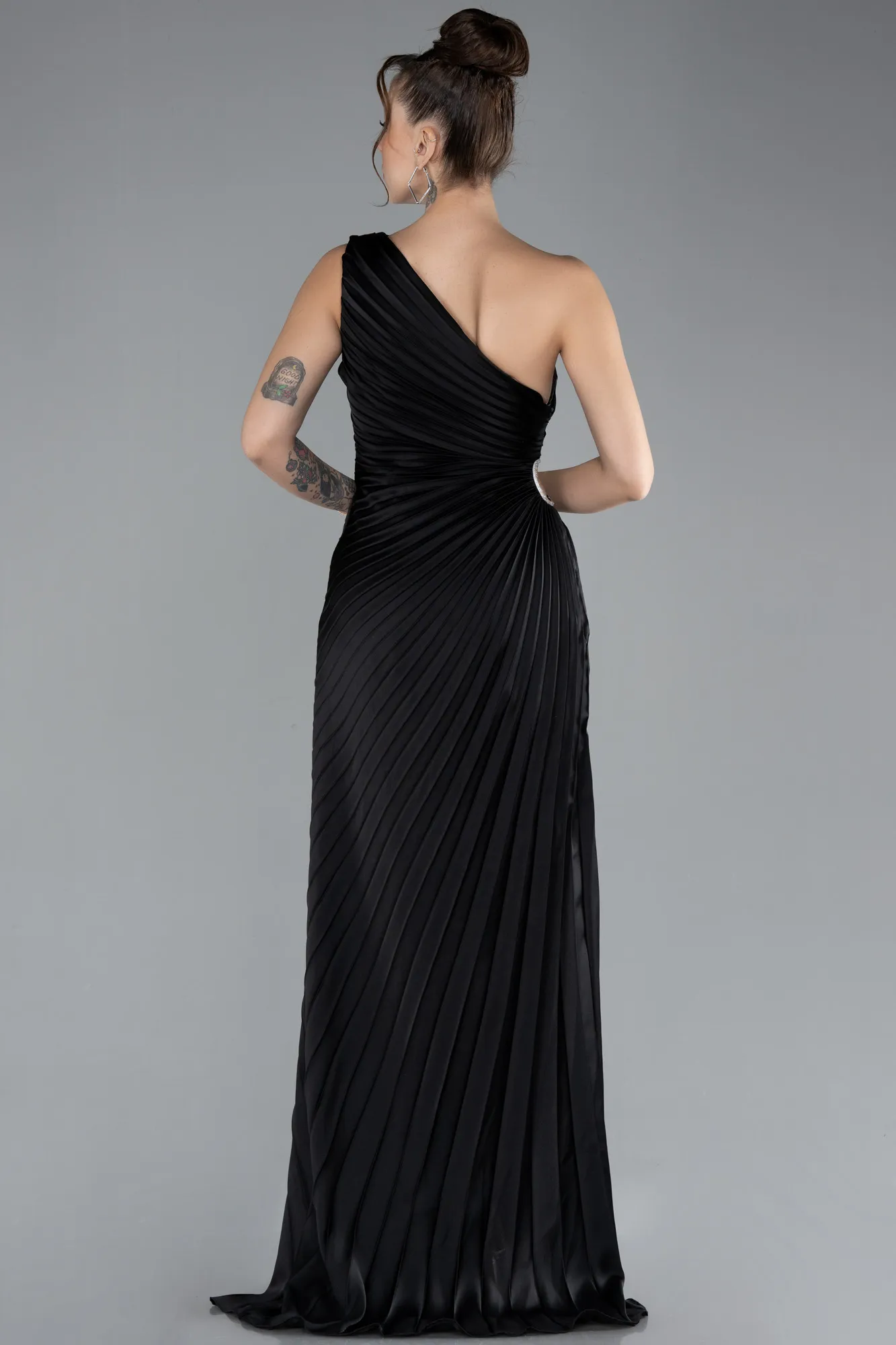 Black-One Shoulder Satin Slit Evening Dress ABU4393