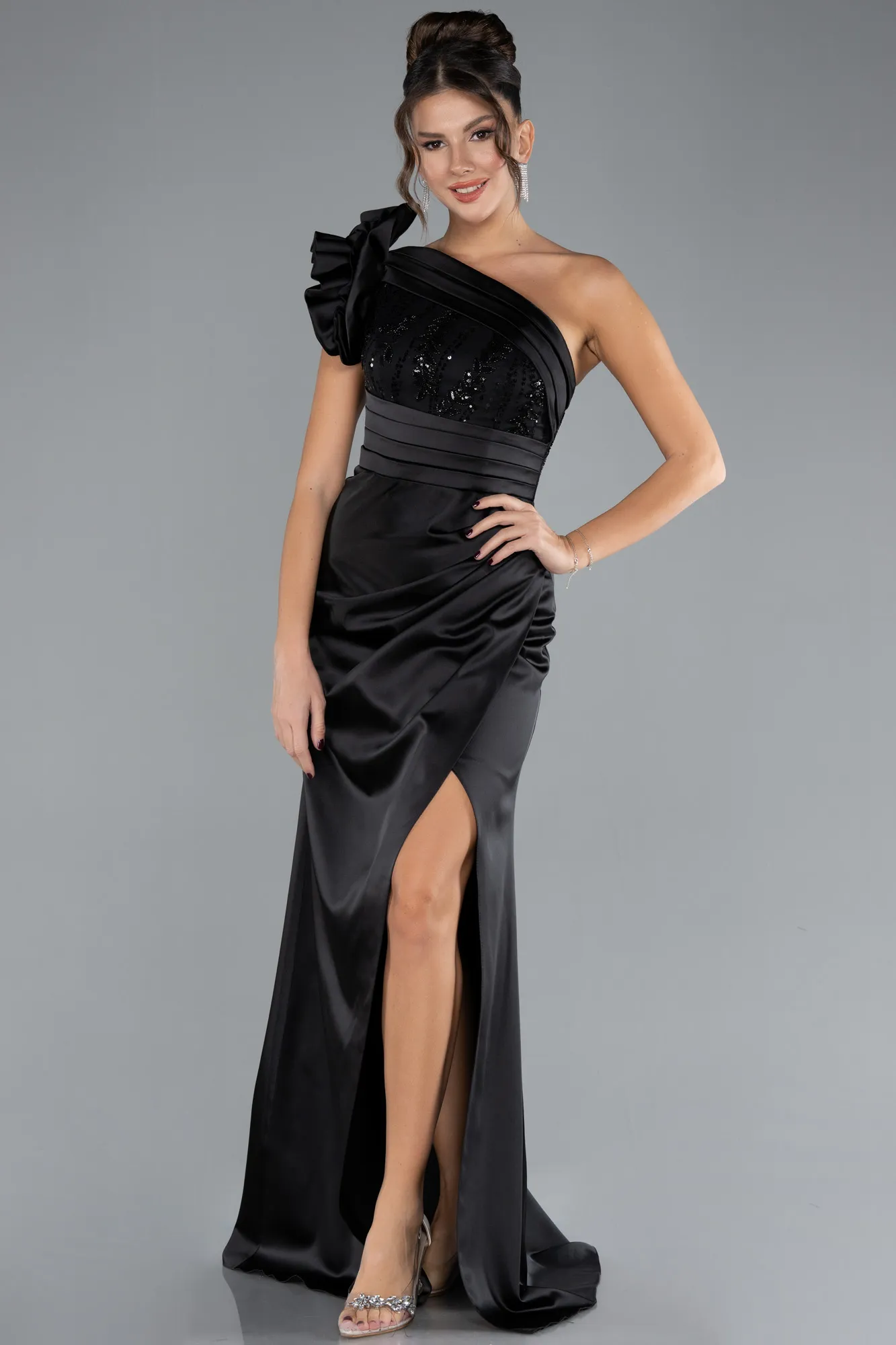 Black-One Shoulder Sequined Slit Satin Evening Gown ABU4325