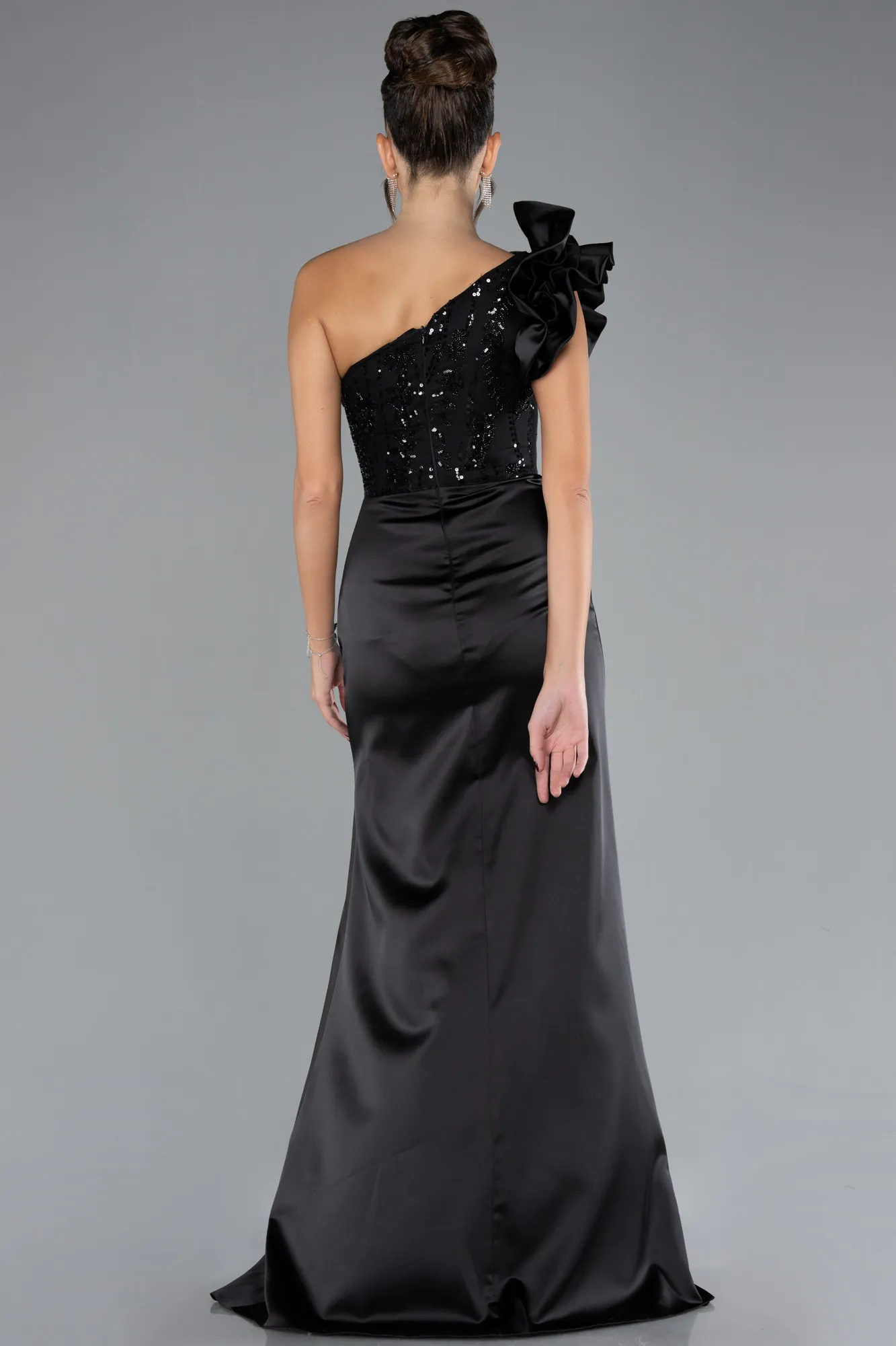 Black-One Shoulder Sequined Slit Satin Evening Gown ABU4325