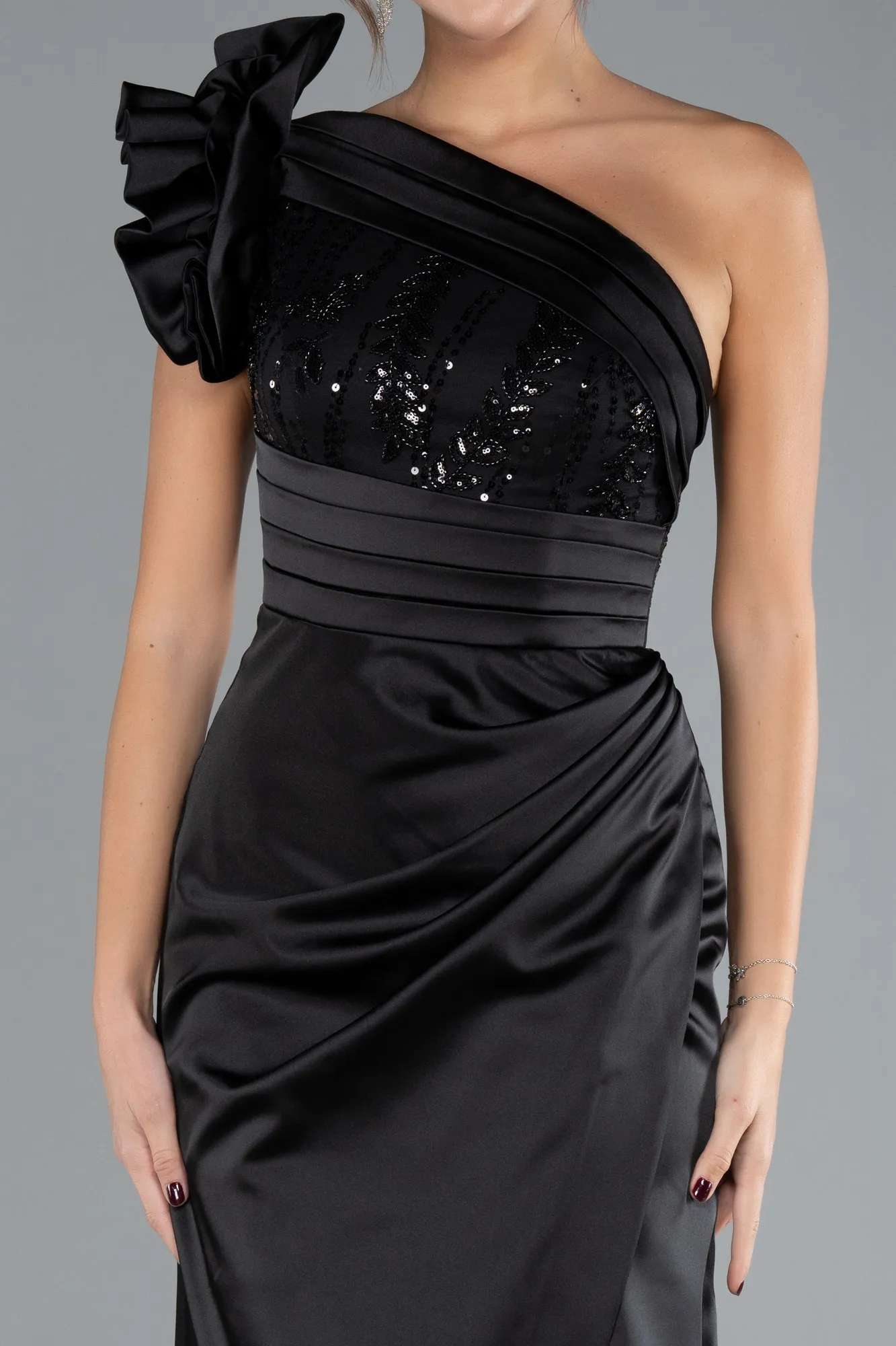 Black-One Shoulder Sequined Slit Satin Evening Gown ABU4325