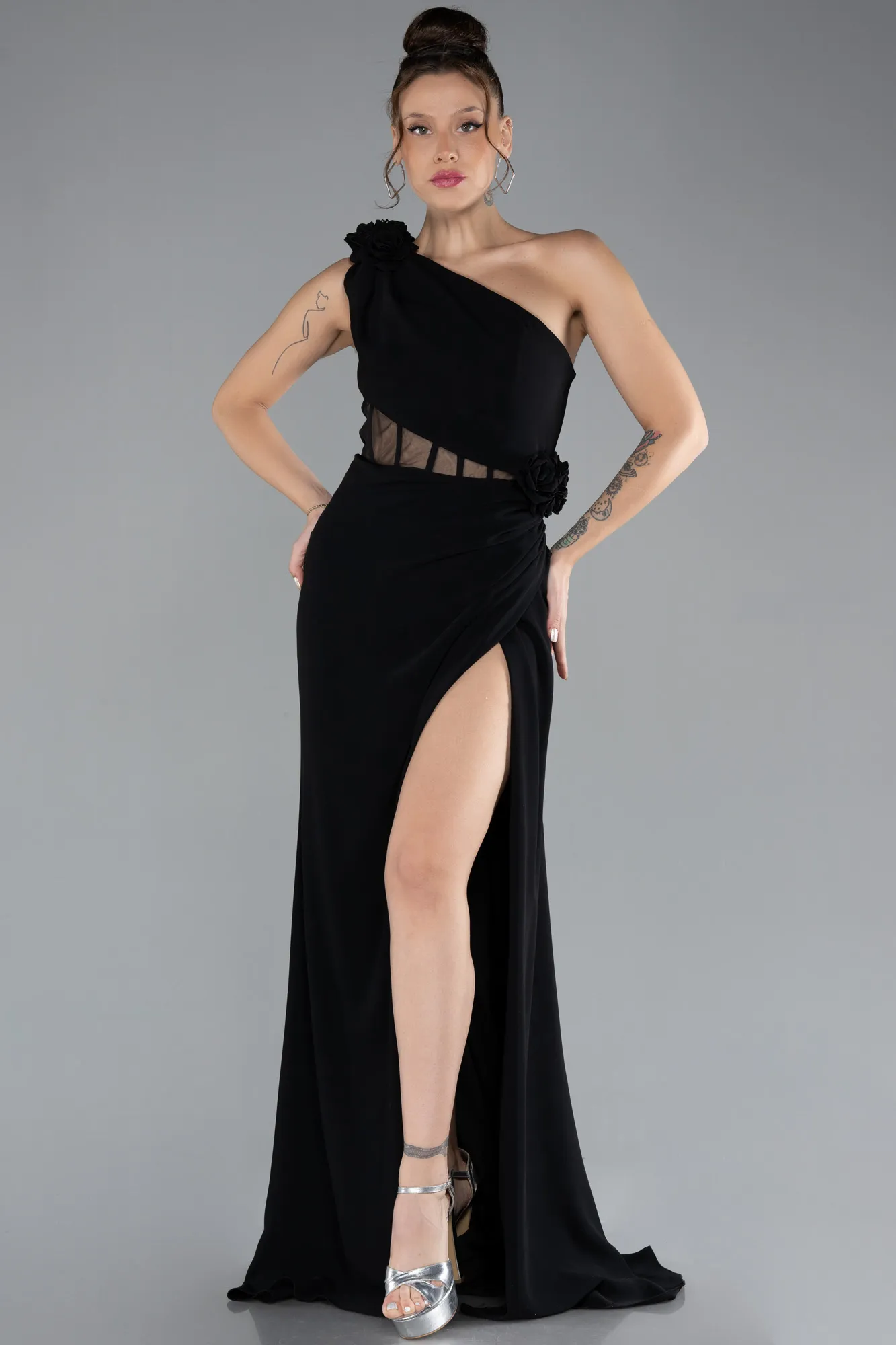 Black-One Shoulder Slit Evening Gown ABU4381