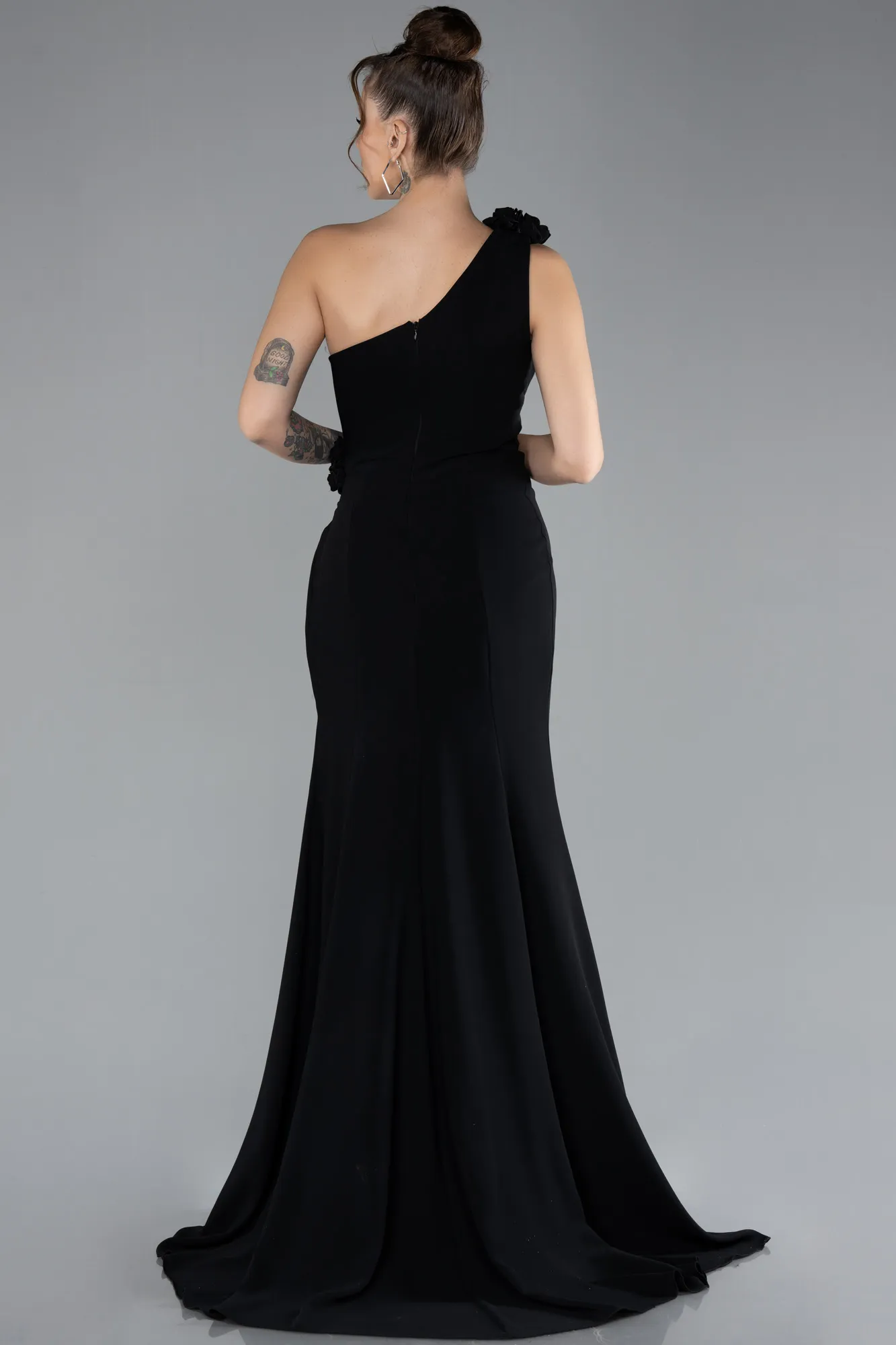 Black-One Shoulder Slit Evening Gown ABU4381