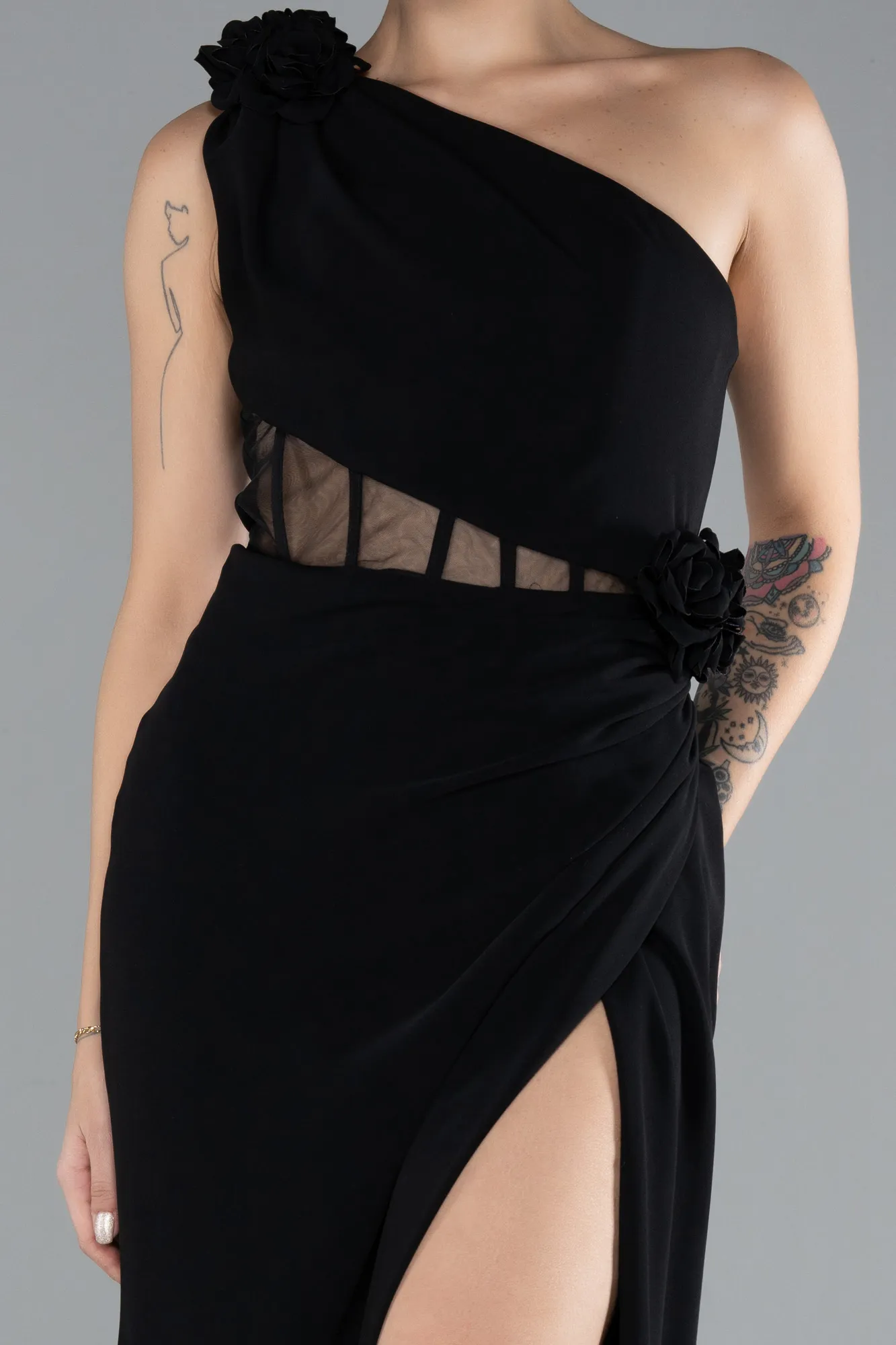 Black-One Shoulder Slit Evening Gown ABU4381