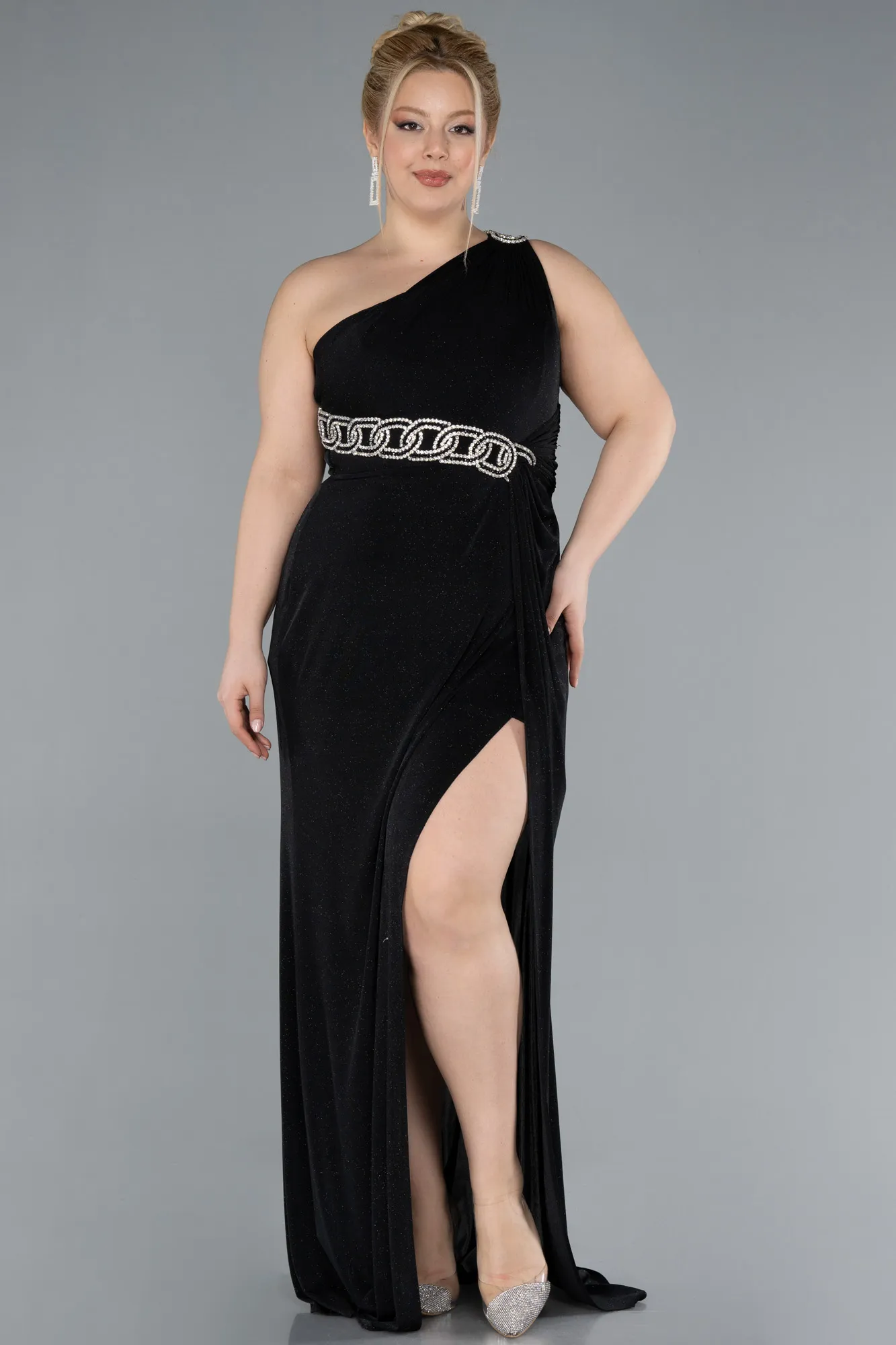 Black-One Shoulder Slit Glittered Long Plus Size Prom Dress ABU4601