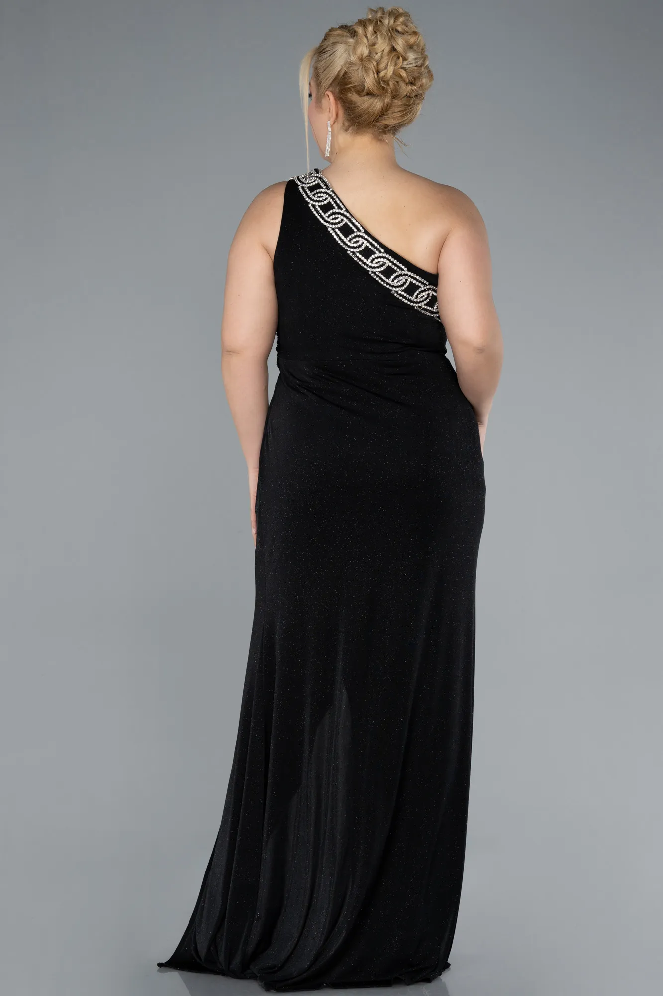 Black-One Shoulder Slit Glittered Long Plus Size Prom Dress ABU4601