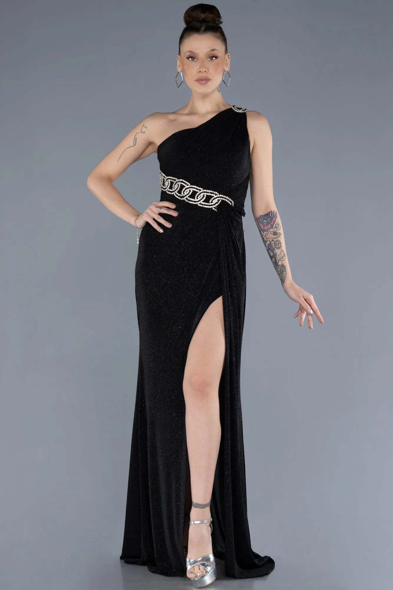 Black-One Shoulder Slit Glittered Long Prom Dress ABU4599