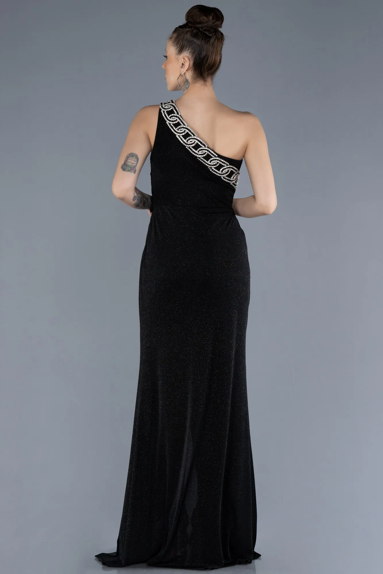 Black-One Shoulder Slit Glittered Long Prom Dress ABU4599