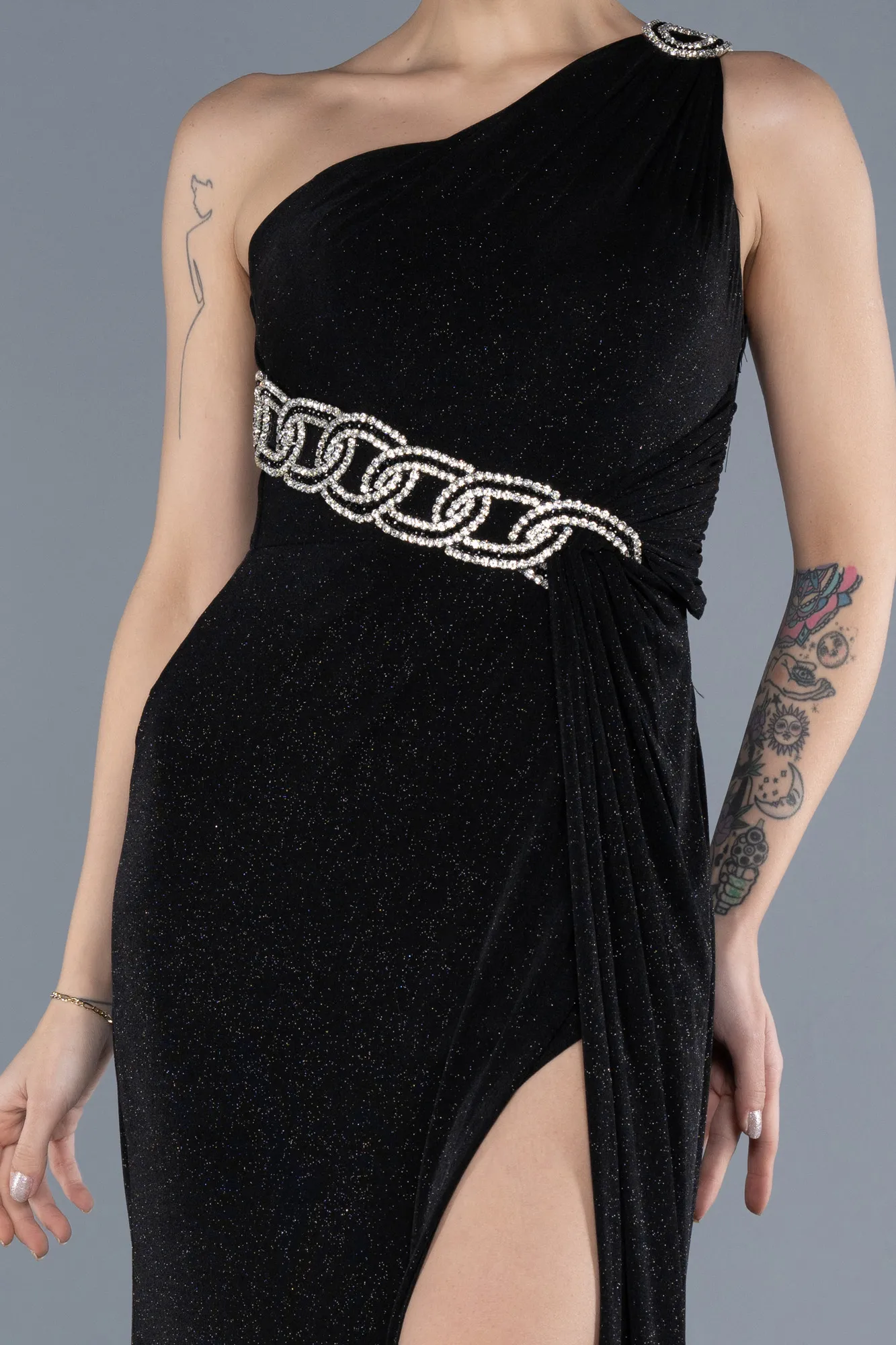 Black-One Shoulder Slit Glittered Long Prom Dress ABU4599