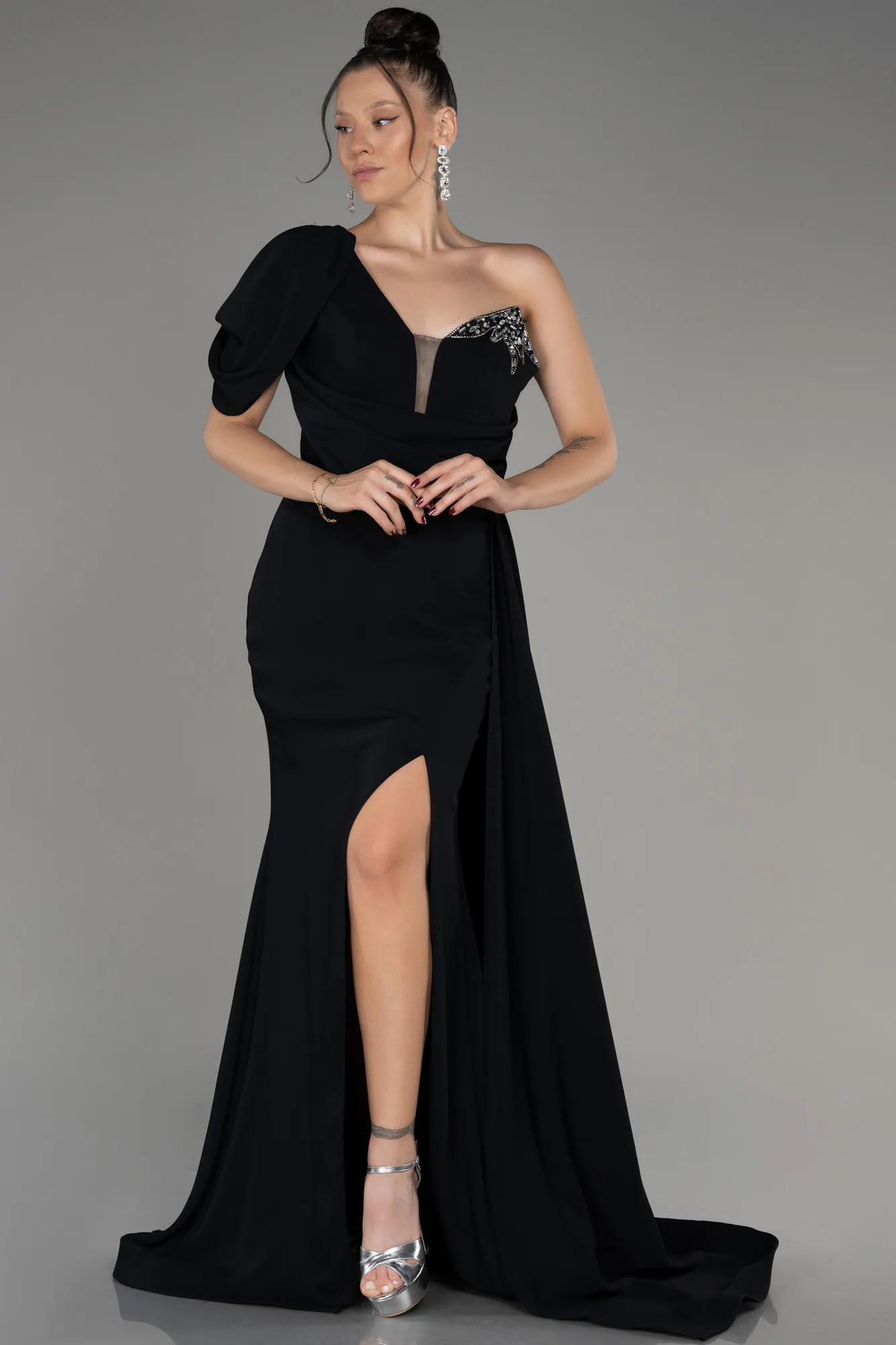 Black-One Shoulder Slit Long Evening Dress ABU4042