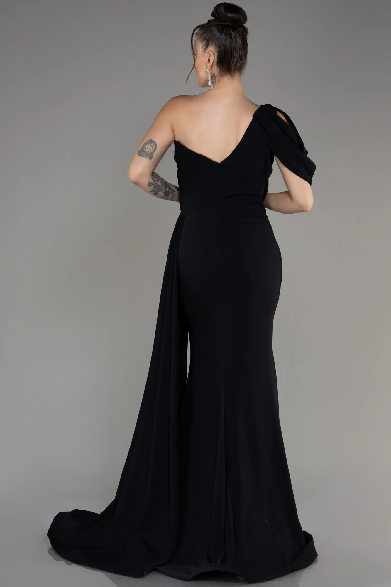 Black-One Shoulder Slit Long Evening Dress ABU4042