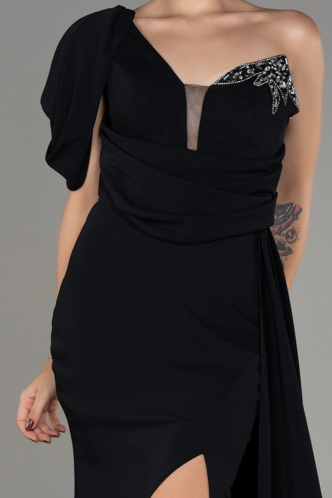 Black-One Shoulder Slit Long Evening Dress ABU4042