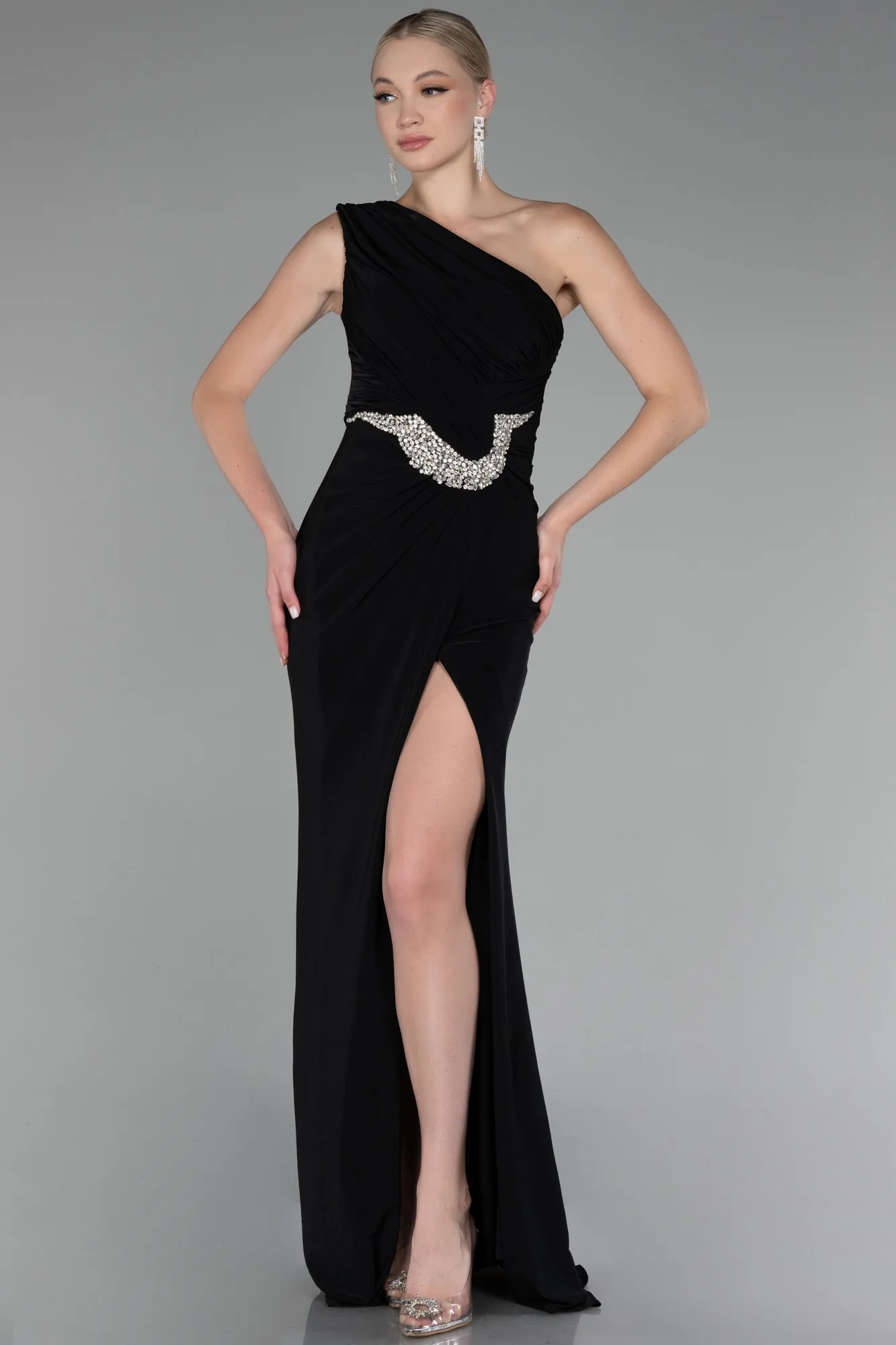 Black-One Shoulder Slit Long Evening Dress ABU4116