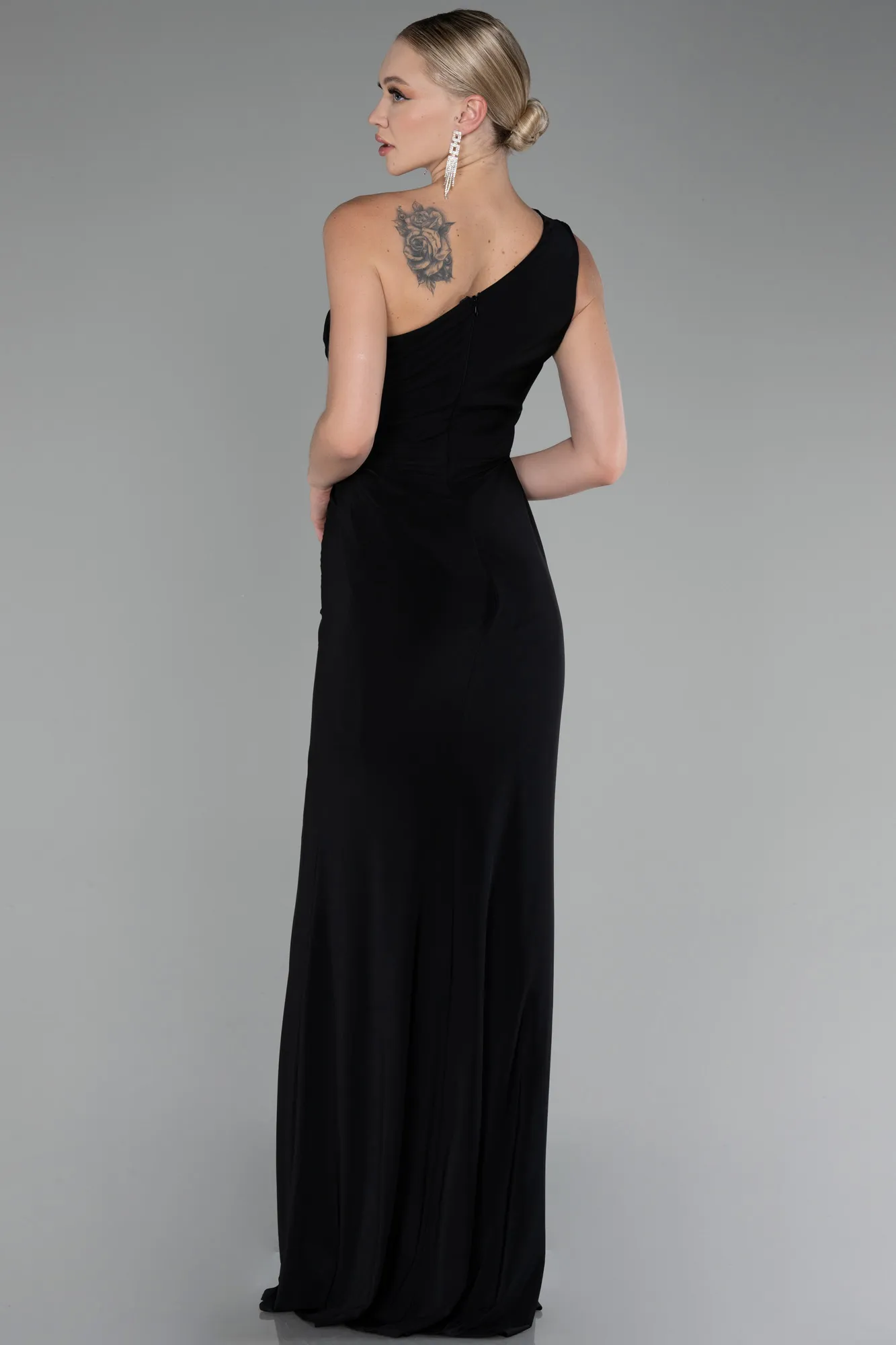 Black-One Shoulder Slit Long Evening Dress ABU4116