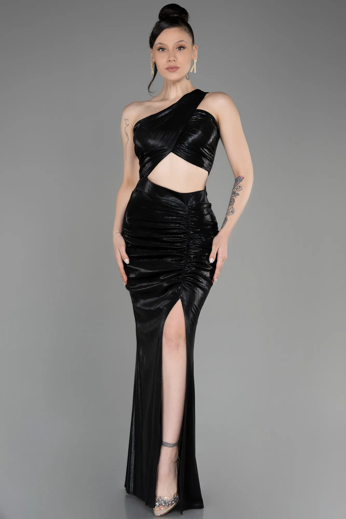 Black-One-Shoulder Slit Long Prom Dress ABU3848