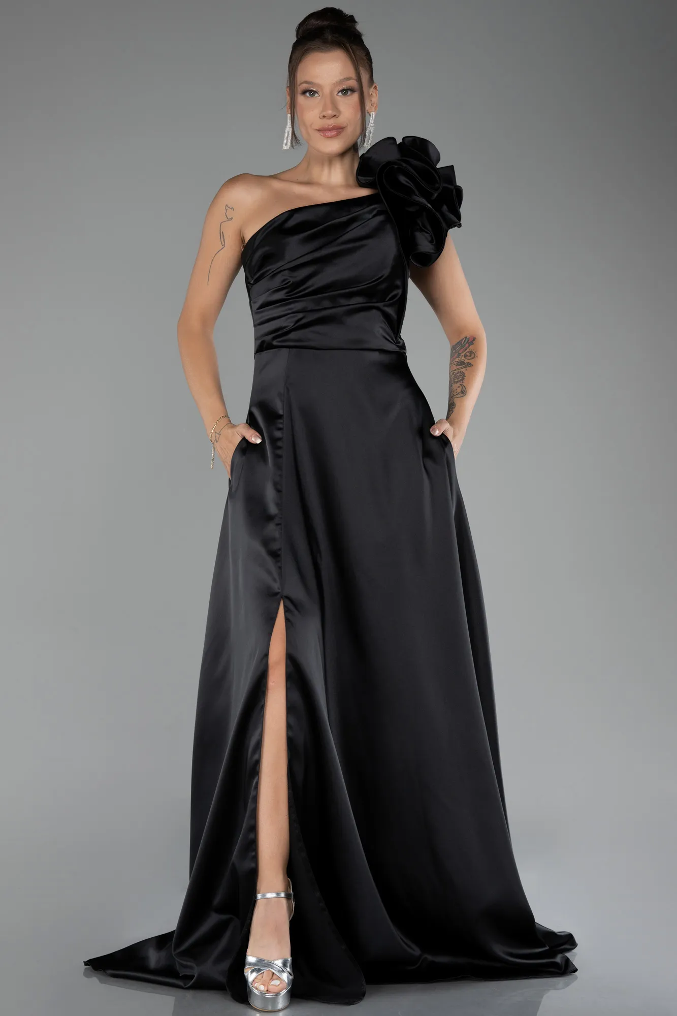 Black-One Shoulder Slit Long Satin Evening Dress ABU4092