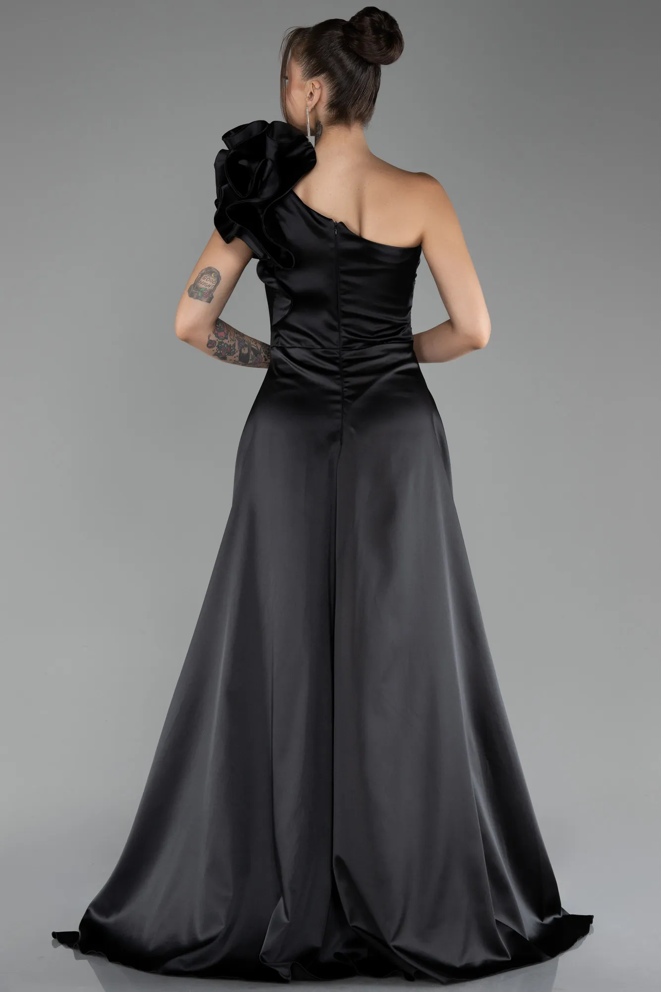 Black-One Shoulder Slit Long Satin Evening Dress ABU4092