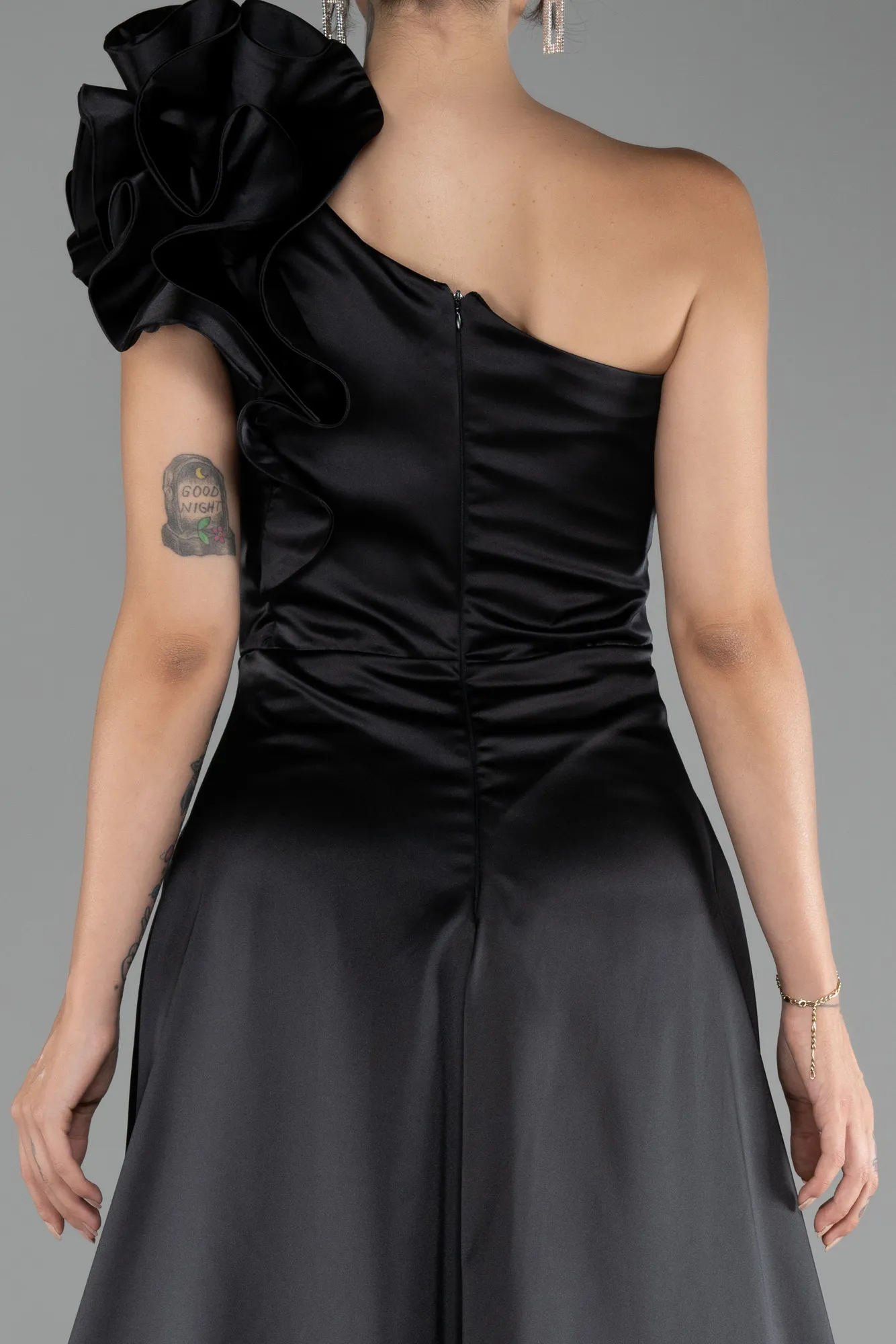 Black-One Shoulder Slit Long Satin Evening Dress ABU4092