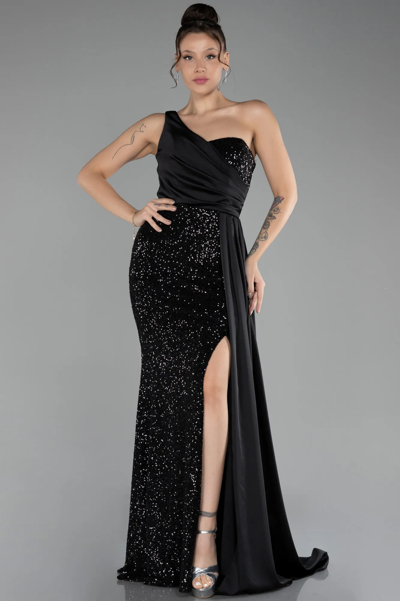 Black-One Shoulder Slit Long Sequined Evening Gown ABU4241