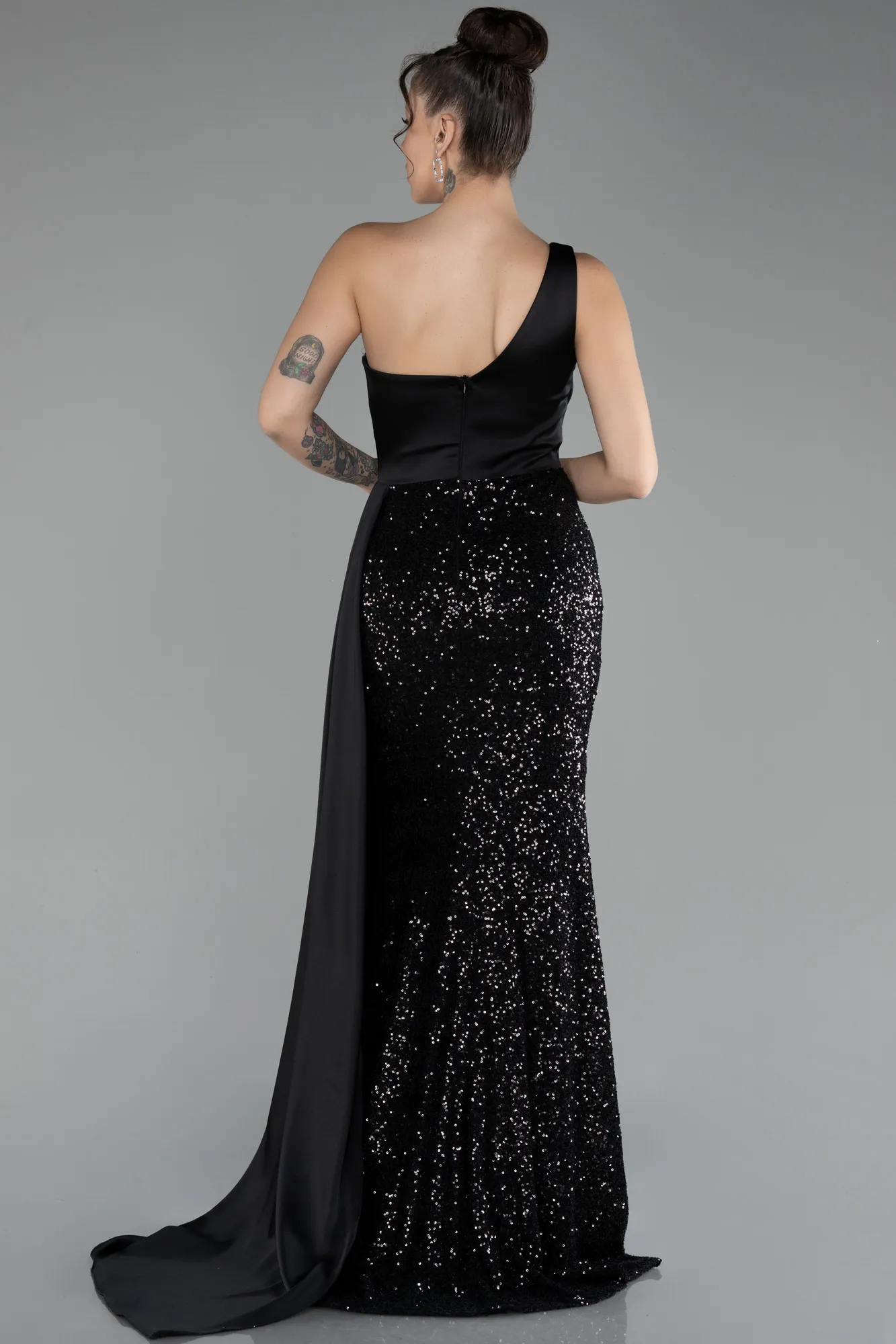 Black-One Shoulder Slit Long Sequined Evening Gown ABU4241