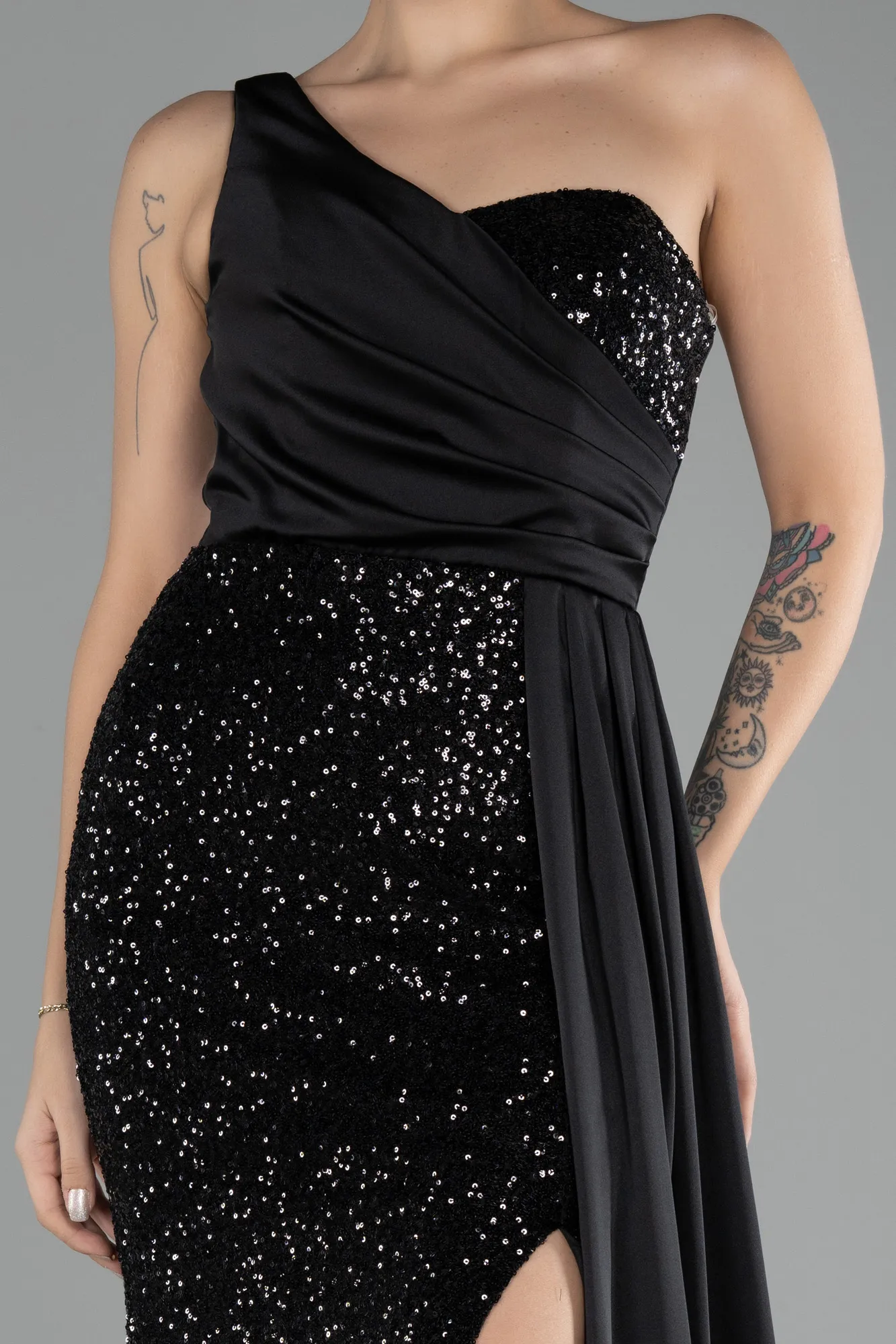 Black-One Shoulder Slit Long Sequined Evening Gown ABU4241